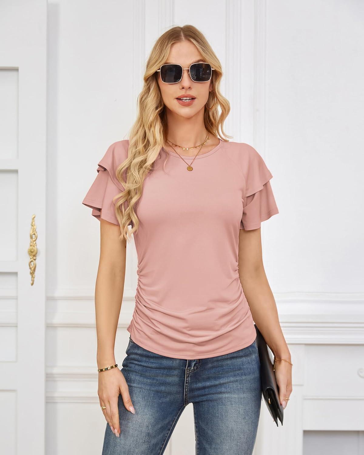 imageGRACE KARIN Summer Tops for Women Dressy Casual Ruffle Short Sleeve Work Shirt 2026 Spring Trendy Ruched Business BlousesLight Pink