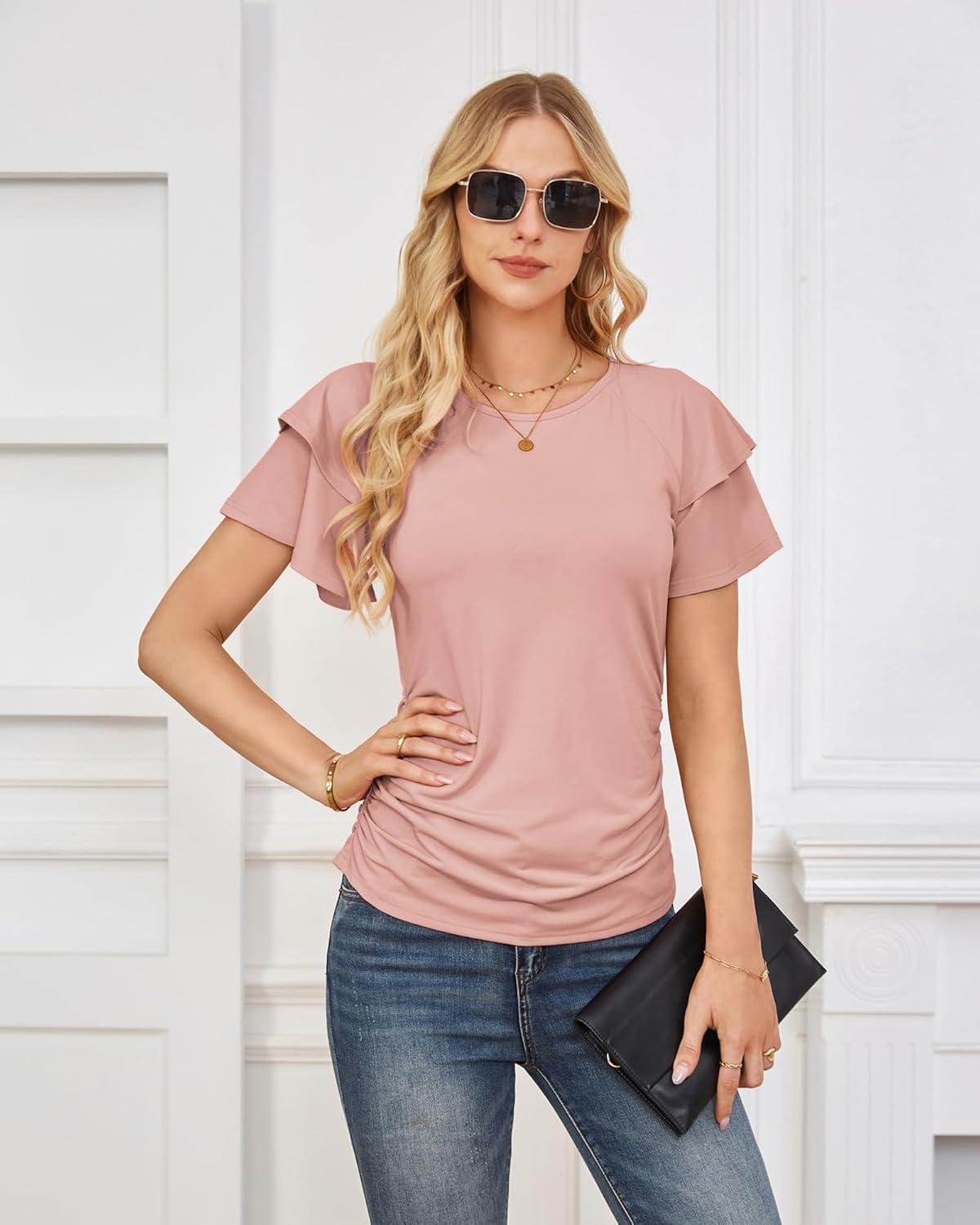imageGRACE KARIN Summer Tops for Women Dressy Casual Ruffle Short Sleeve Work Shirt 2026 Spring Trendy Ruched Business BlousesLight Pink