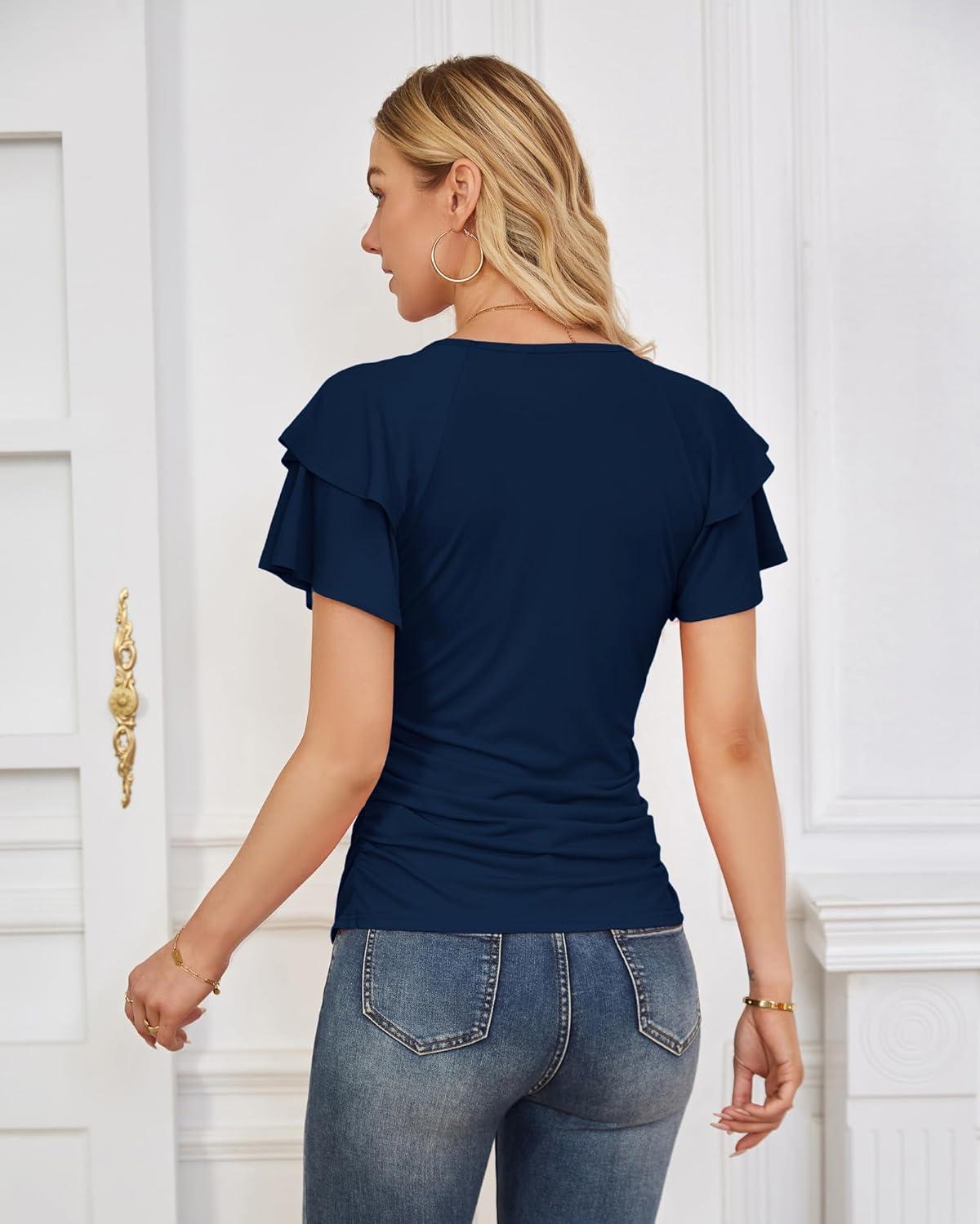 imageGRACE KARIN Summer Tops for Women Dressy Casual Ruffle Short Sleeve Work Shirt 2026 Spring Trendy Ruched Business BlousesNavy Blue