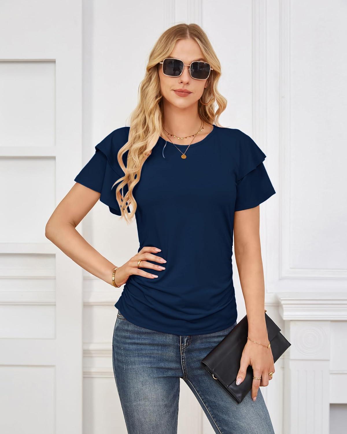imageGRACE KARIN Summer Tops for Women Dressy Casual Ruffle Short Sleeve Work Shirt 2026 Spring Trendy Ruched Business BlousesNavy Blue