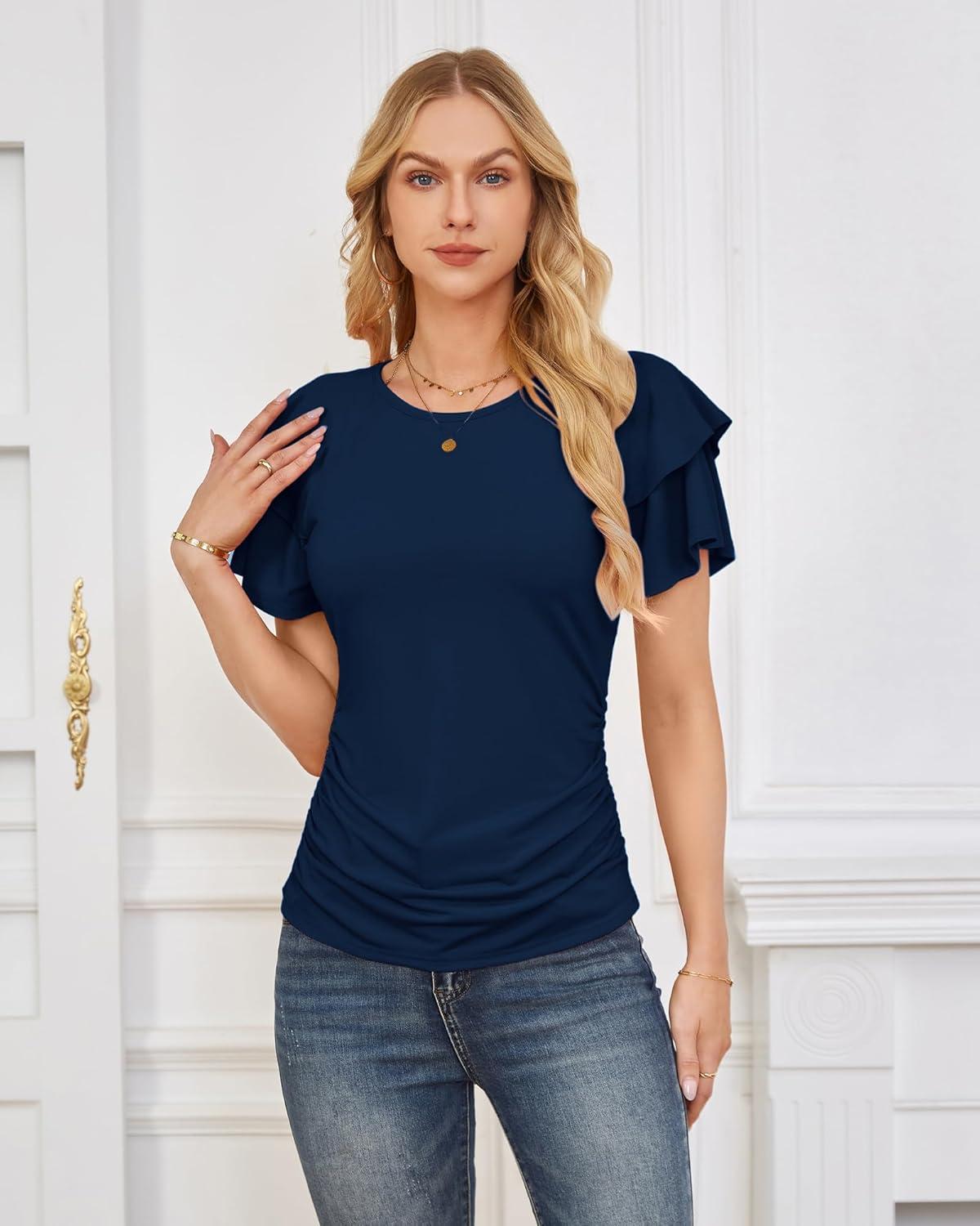 imageGRACE KARIN Summer Tops for Women Dressy Casual Ruffle Short Sleeve Work Shirt 2026 Spring Trendy Ruched Business BlousesNavy Blue