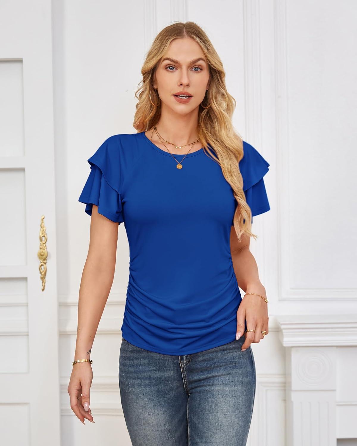 imageGRACE KARIN Summer Tops for Women Dressy Casual Ruffle Short Sleeve Work Shirt 2026 Spring Trendy Ruched Business BlousesRoyal Blue