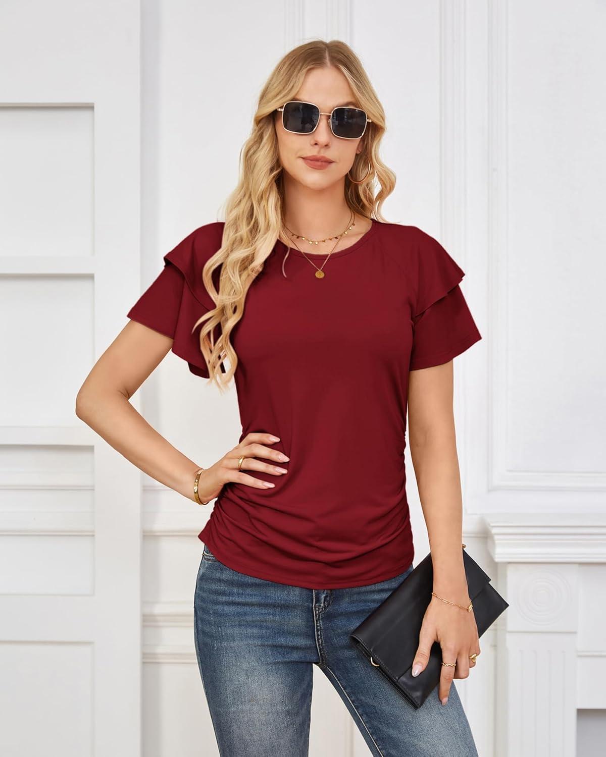 imageGRACE KARIN Summer Tops for Women Dressy Casual Ruffle Short Sleeve Work Shirt 2026 Spring Trendy Ruched Business BlousesWine Red