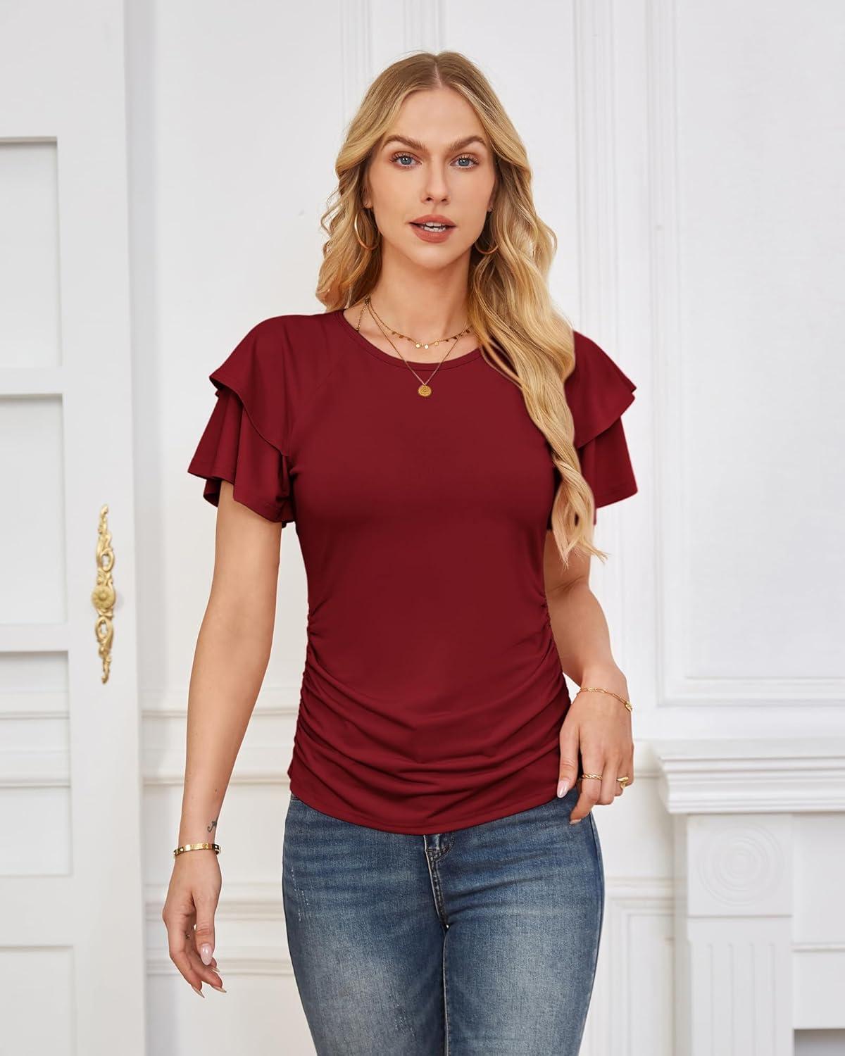 imageGRACE KARIN Summer Tops for Women Dressy Casual Ruffle Short Sleeve Work Shirt 2026 Spring Trendy Ruched Business BlousesWine Red