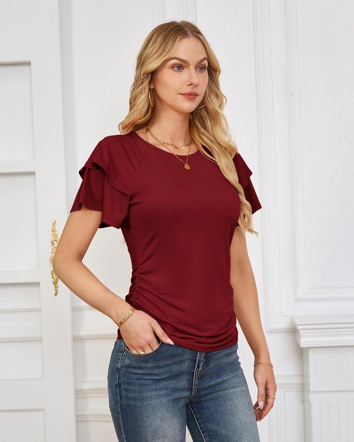 imageGRACE KARIN Summer Tops for Women Dressy Casual Ruffle Short Sleeve Work Shirt 2026 Spring Trendy Ruched Business BlousesWine Red