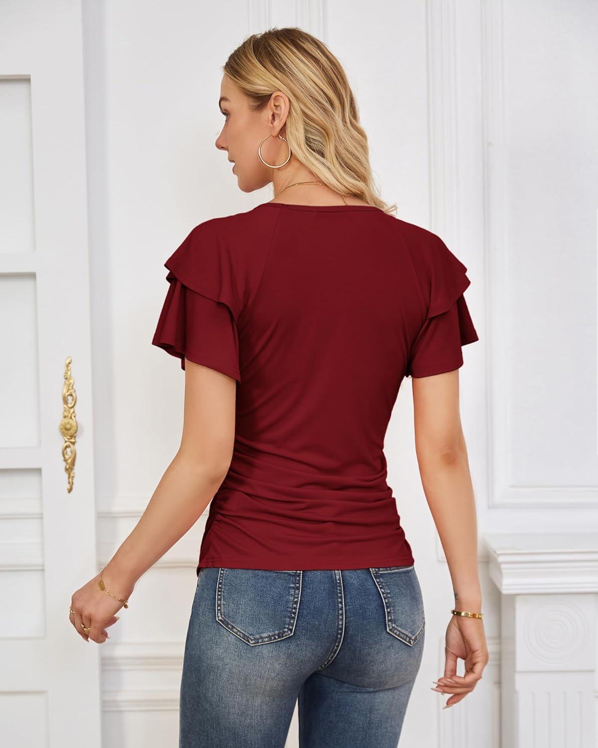 imageGRACE KARIN Summer Tops for Women Dressy Casual Ruffle Short Sleeve Work Shirt 2026 Spring Trendy Ruched Business BlousesWine Red