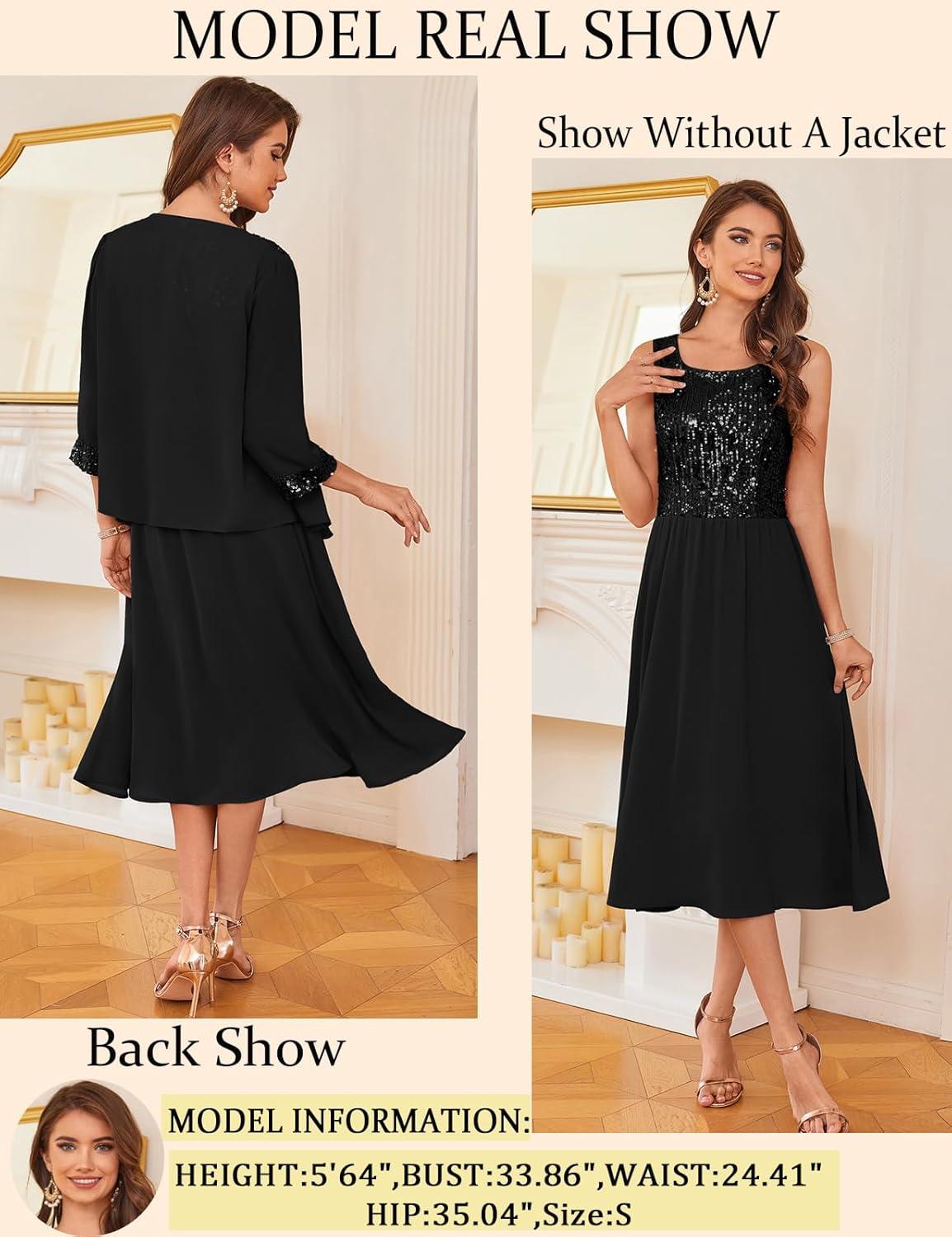 imageGRACE KARIN Wedding Guest Dress Mother of The Bride Dresses Two Piece Formal Sequin Dress with Jacket Tea Length 2025Black