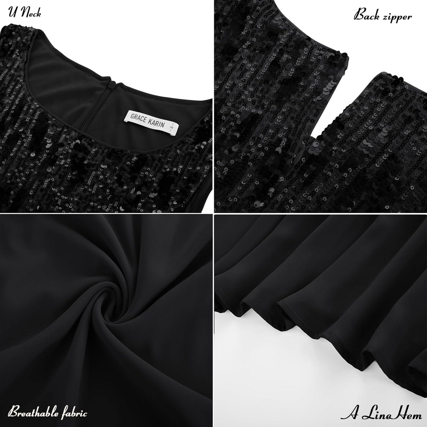 imageGRACE KARIN Wedding Guest Dress Mother of The Bride Dresses Two Piece Formal Sequin Dress with Jacket Tea Length 2025Black
