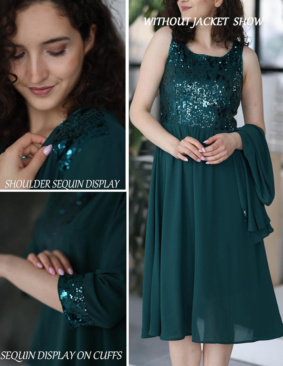 imageGRACE KARIN Wedding Guest Dress Mother of The Bride Dresses Two Piece Formal Sequin Dress with Jacket Tea Length 2025Dark Green