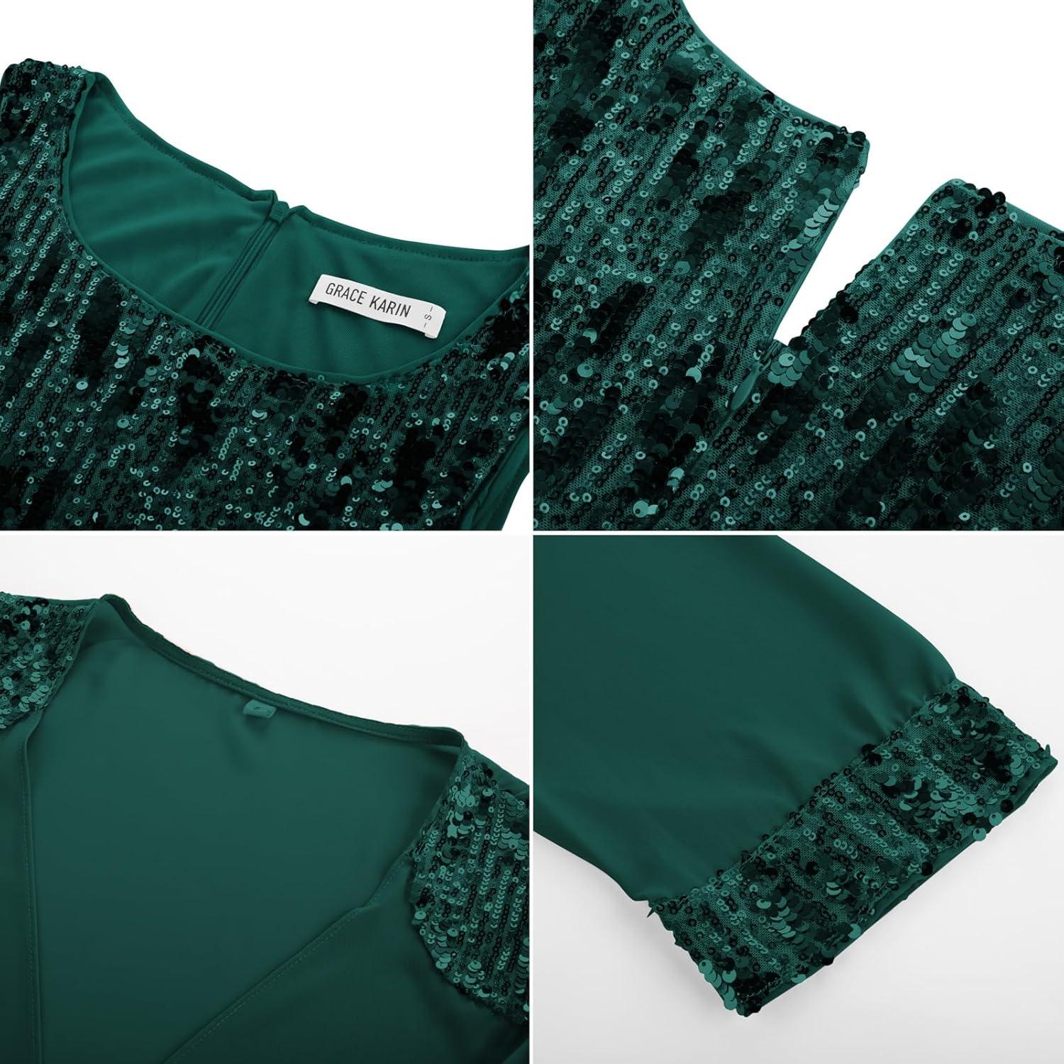 imageGRACE KARIN Wedding Guest Dress Mother of The Bride Dresses Two Piece Formal Sequin Dress with Jacket Tea Length 2025Dark Green