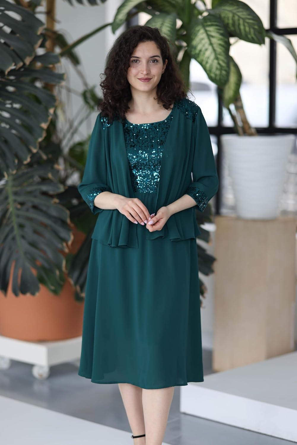 imageGRACE KARIN Wedding Guest Dress Mother of The Bride Dresses Two Piece Formal Sequin Dress with Jacket Tea Length 2025Dark Green