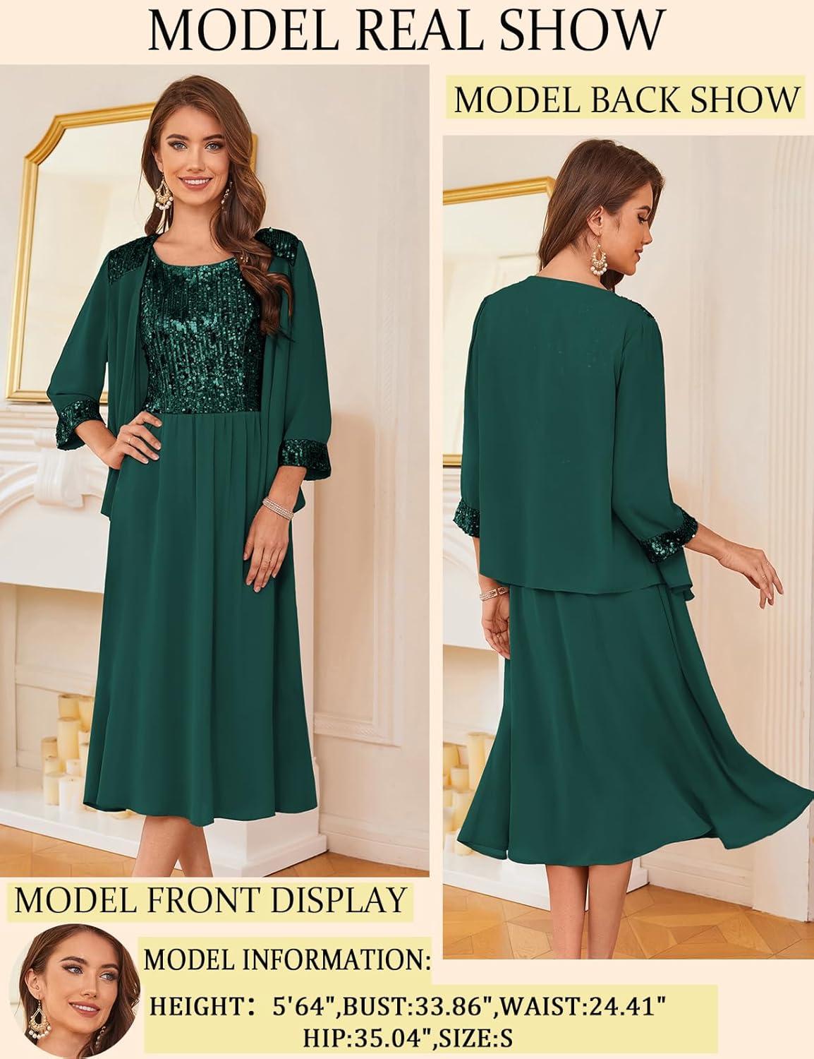 imageGRACE KARIN Wedding Guest Dress Mother of The Bride Dresses Two Piece Formal Sequin Dress with Jacket Tea Length 2025Dark Green