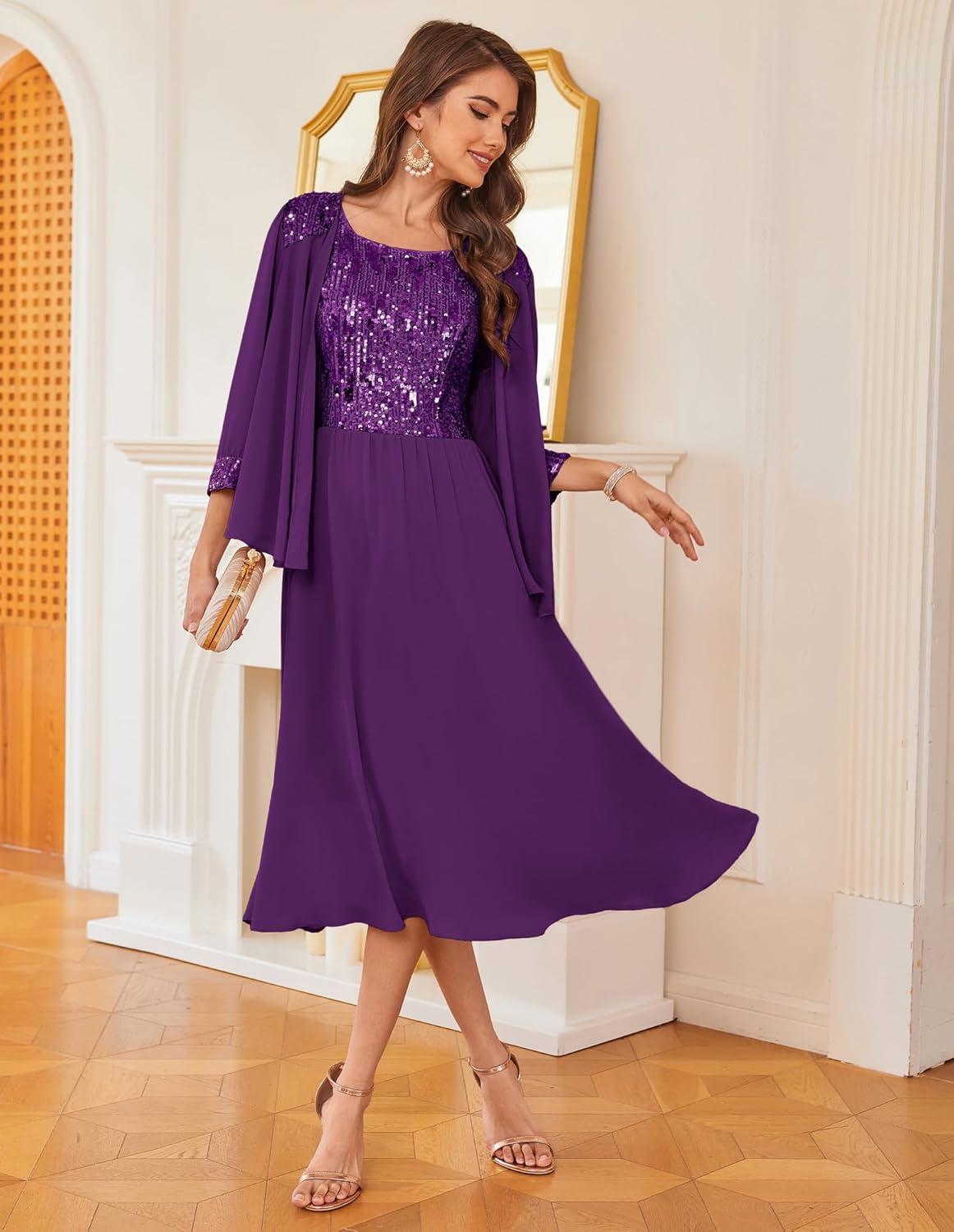 imageGRACE KARIN Wedding Guest Dress Mother of The Bride Dresses Two Piece Formal Sequin Dress with Jacket Tea Length 2025Dark Purple