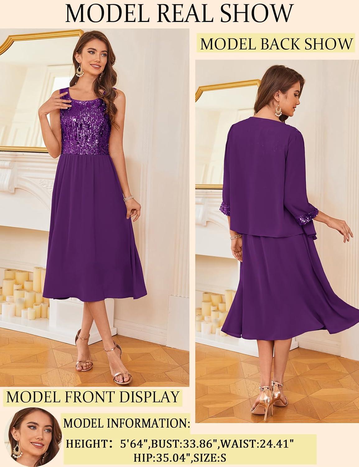 imageGRACE KARIN Wedding Guest Dress Mother of The Bride Dresses Two Piece Formal Sequin Dress with Jacket Tea Length 2025Dark Purple