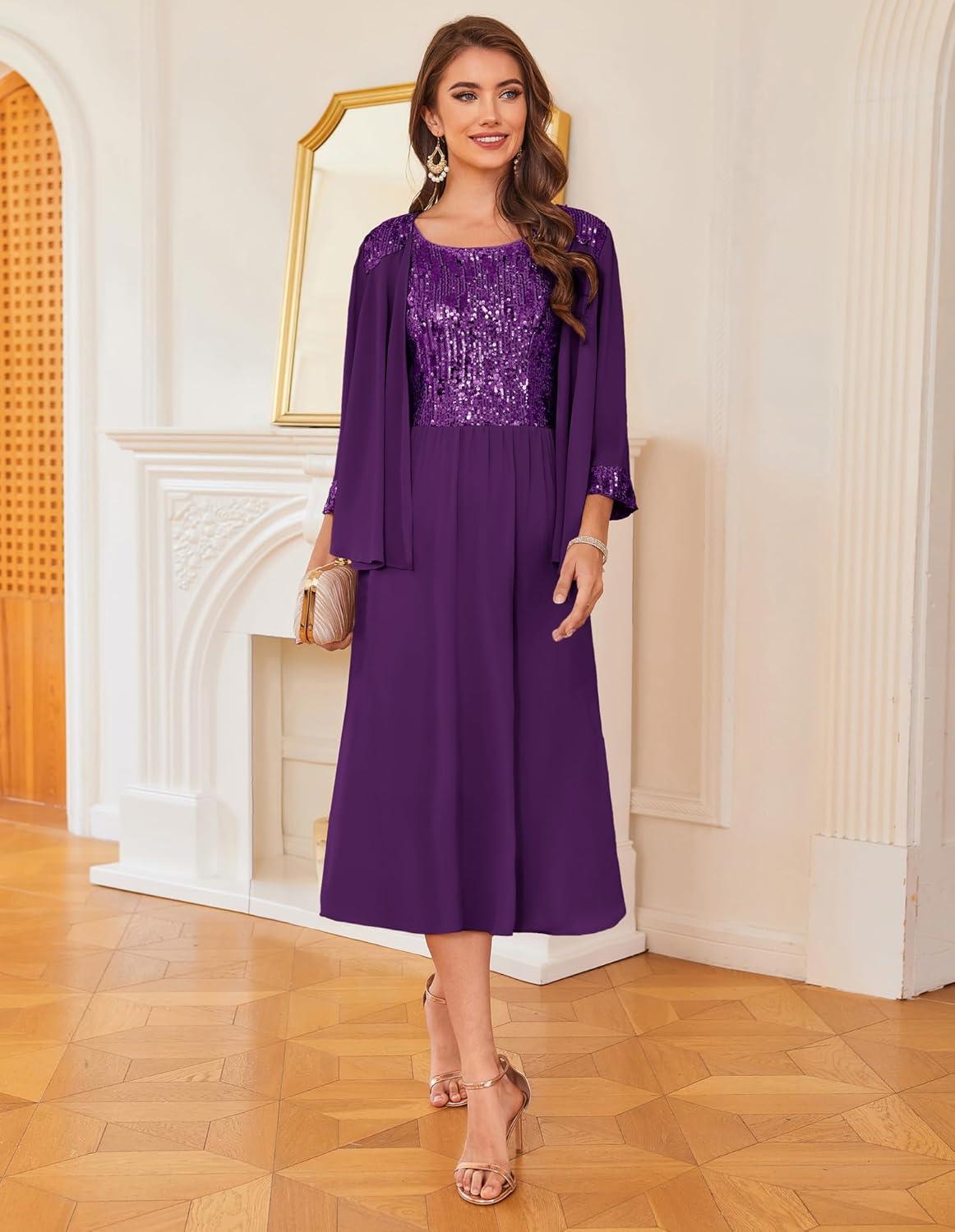 imageGRACE KARIN Wedding Guest Dress Mother of The Bride Dresses Two Piece Formal Sequin Dress with Jacket Tea Length 2025Dark Purple