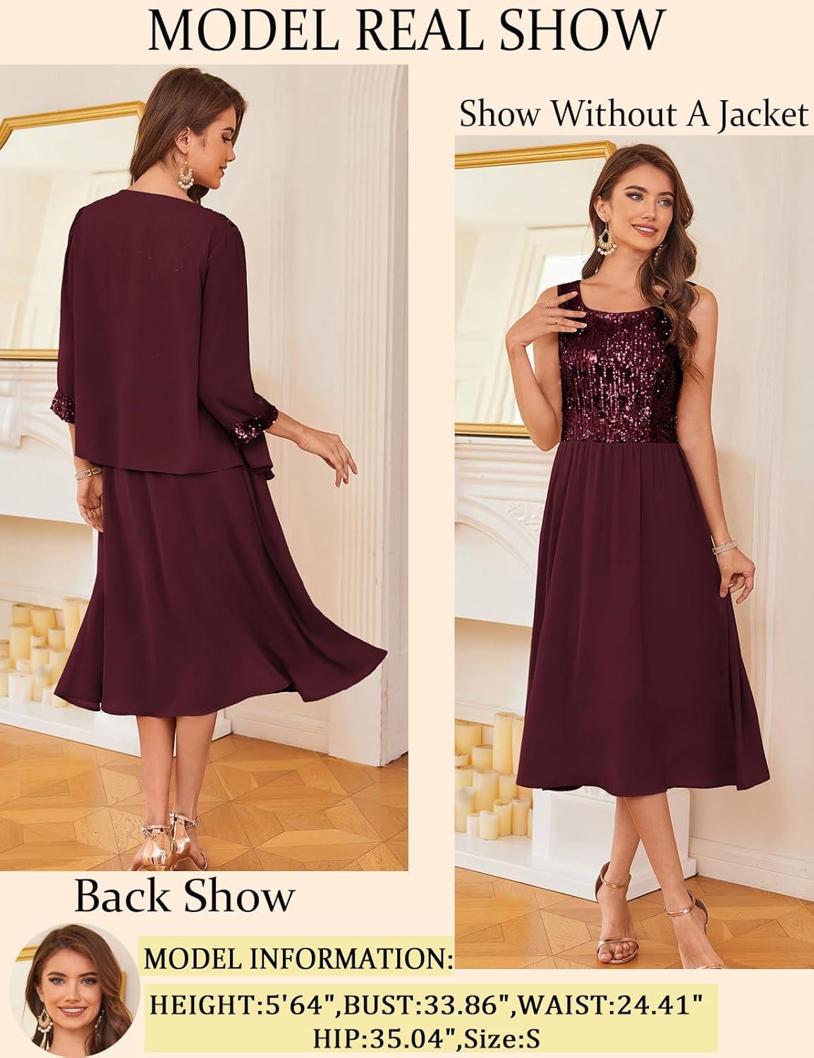 imageGRACE KARIN Wedding Guest Dress Mother of The Bride Dresses Two Piece Formal Sequin Dress with Jacket Tea Length 2025Dark Red