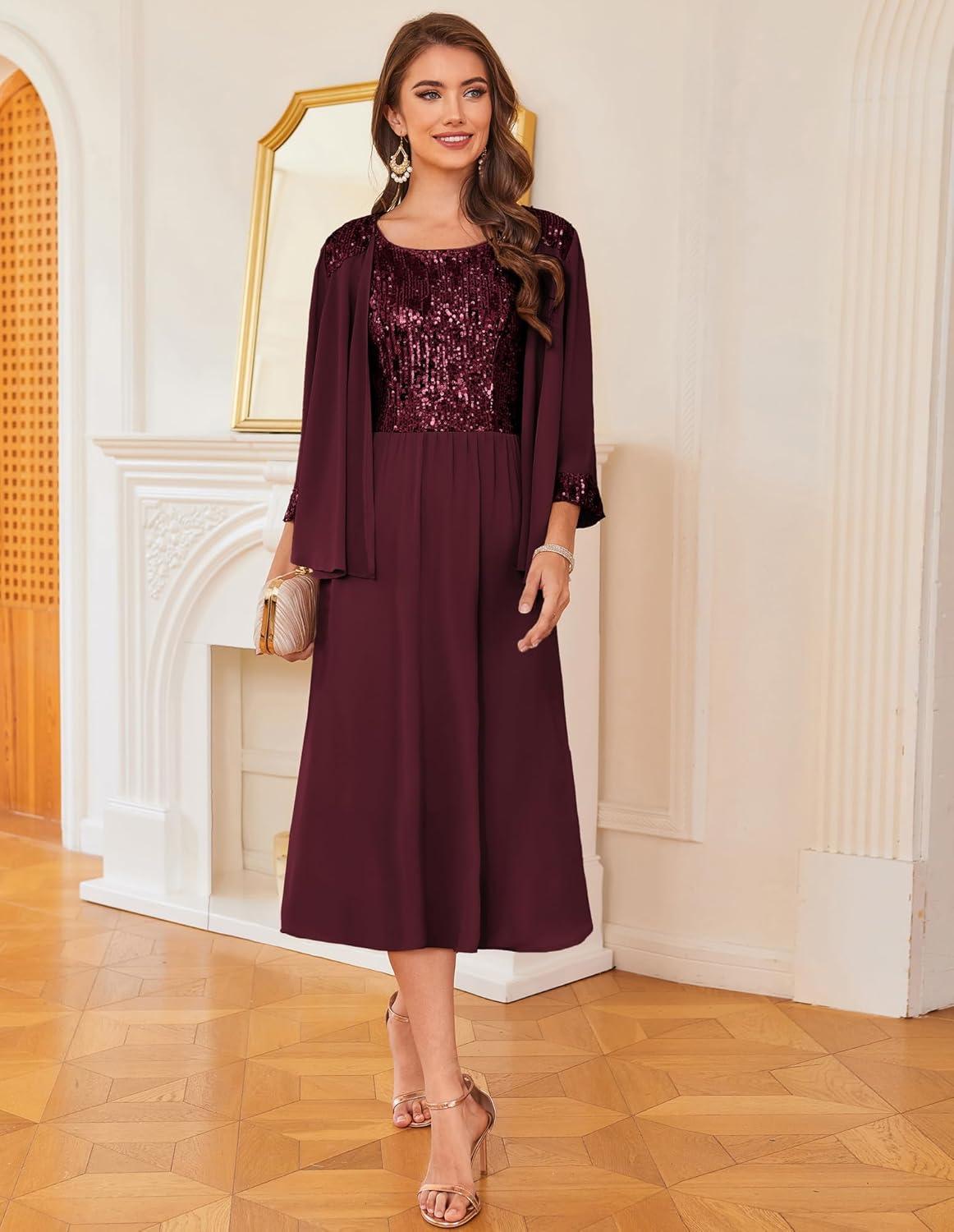 imageGRACE KARIN Wedding Guest Dress Mother of The Bride Dresses Two Piece Formal Sequin Dress with Jacket Tea Length 2025Dark Red