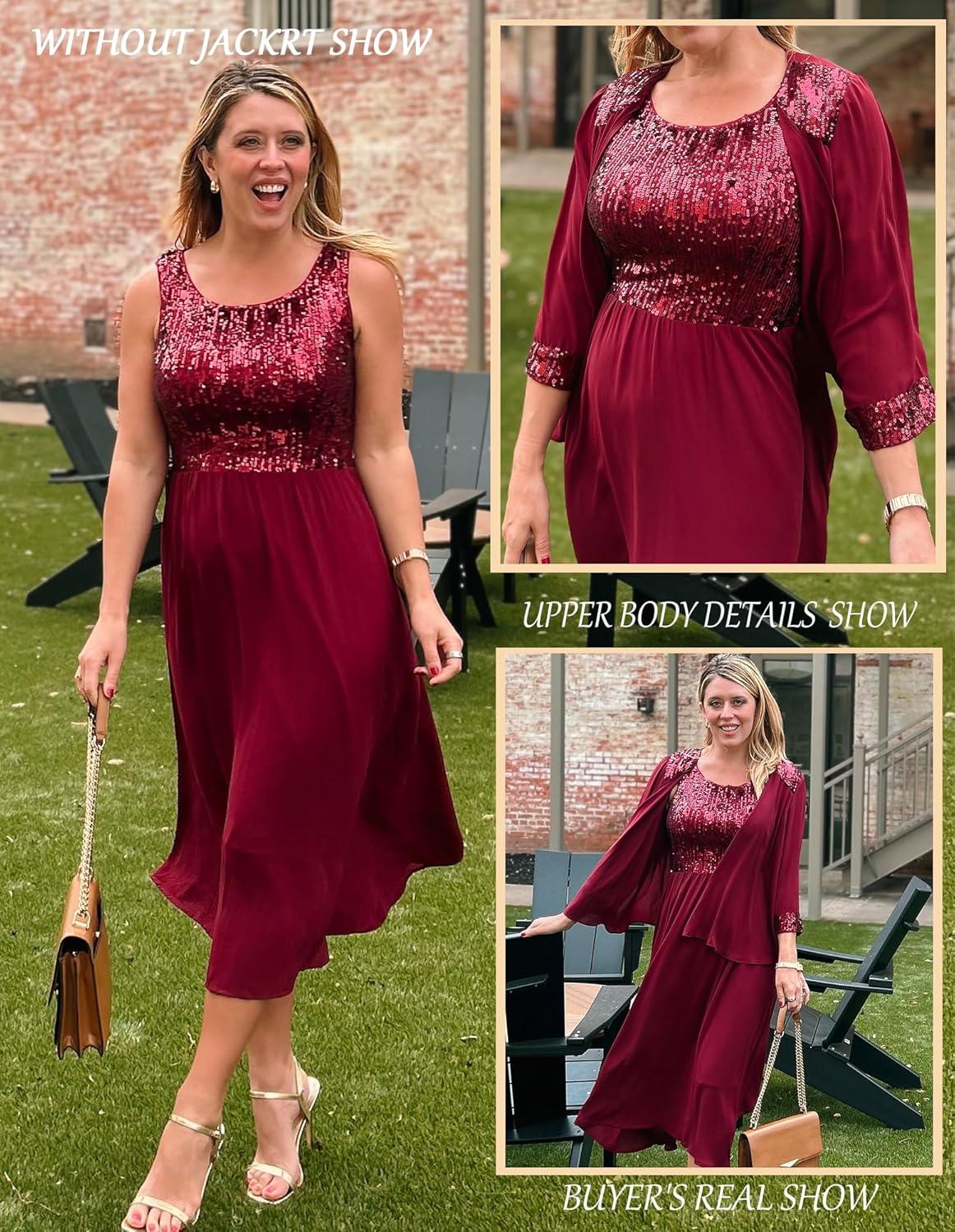 imageGRACE KARIN Wedding Guest Dress Mother of The Bride Dresses Two Piece Formal Sequin Dress with Jacket Tea Length 2025Dark Red