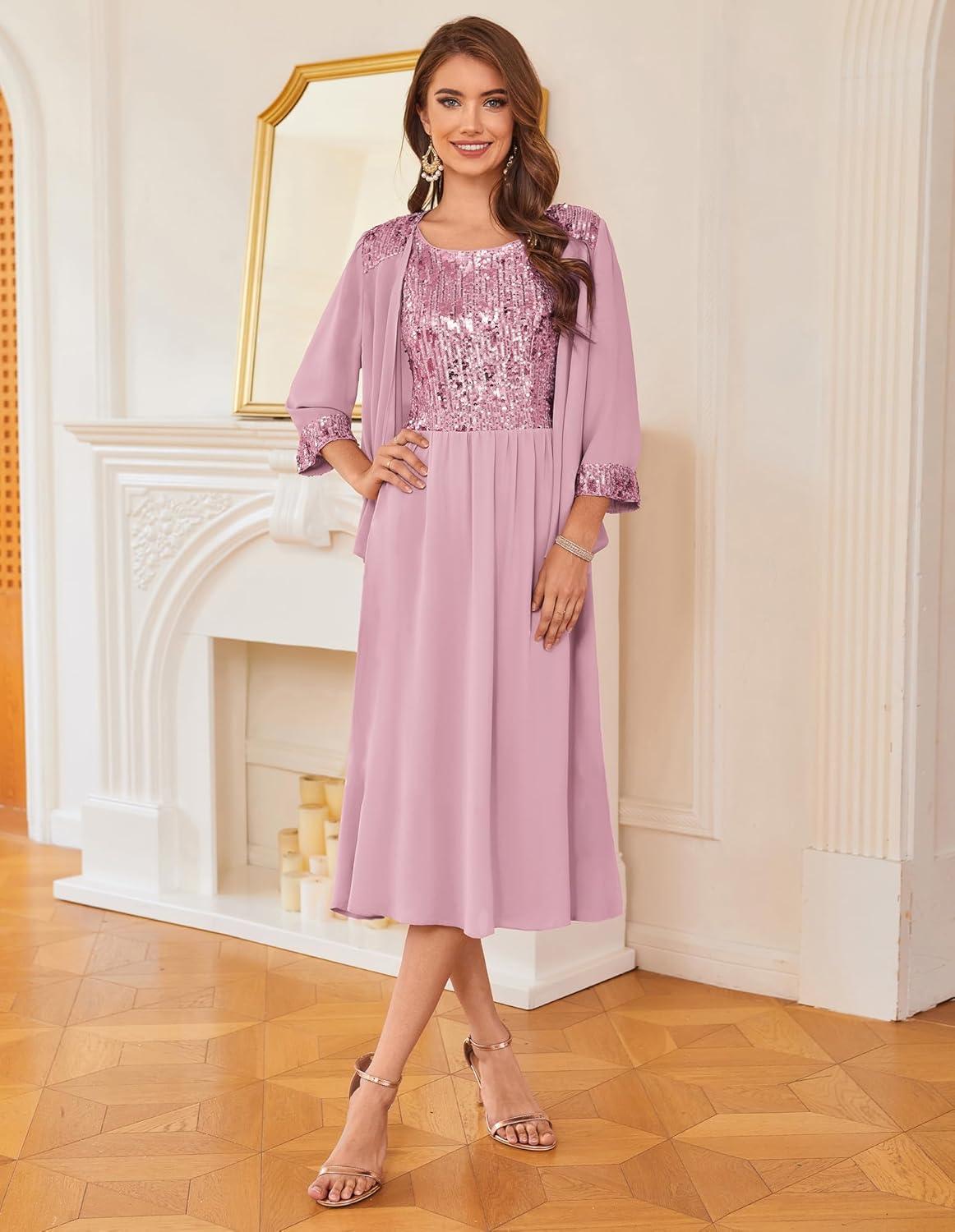 imageGRACE KARIN Wedding Guest Dress Mother of The Bride Dresses Two Piece Formal Sequin Dress with Jacket Tea Length 2025Gray Pink