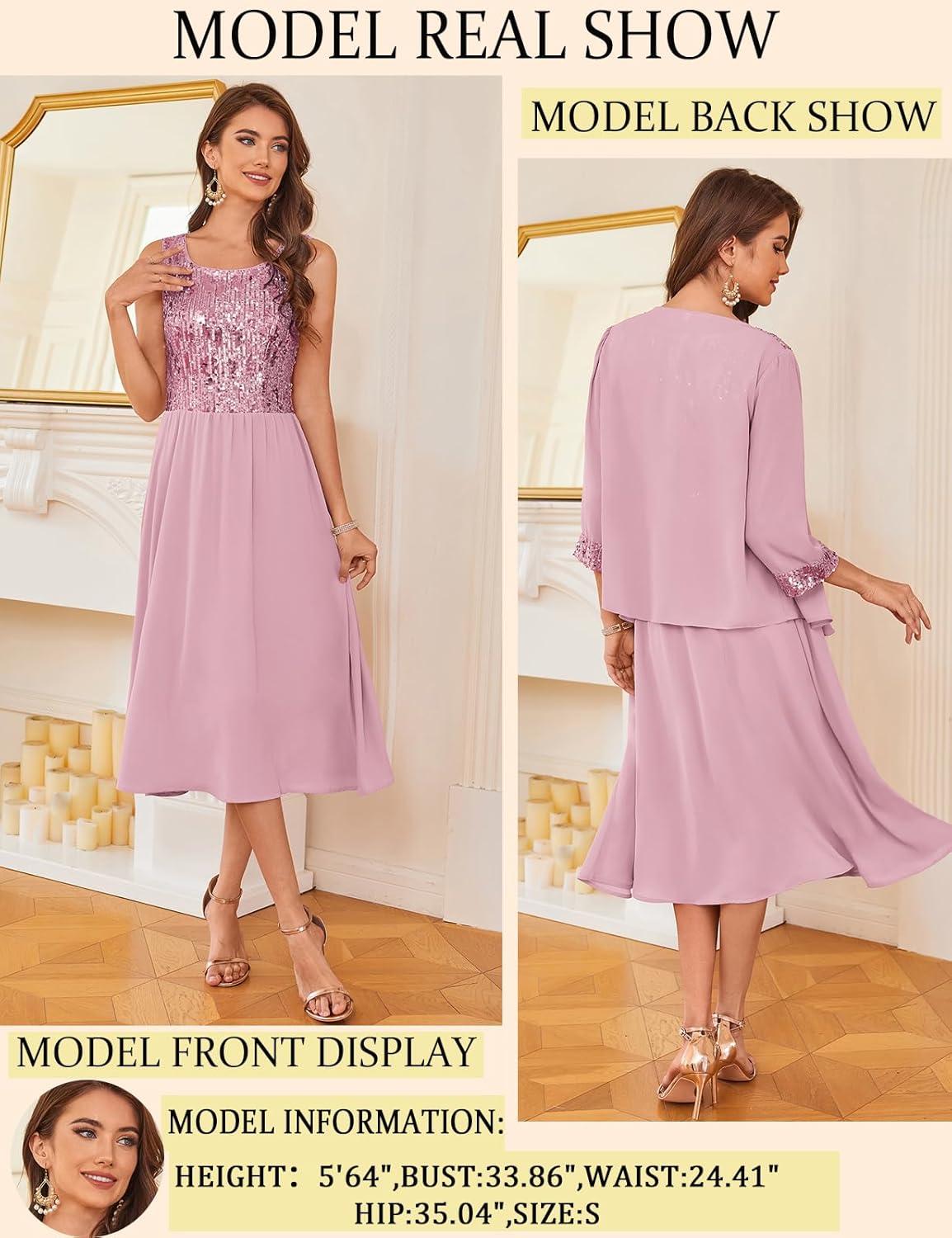 imageGRACE KARIN Wedding Guest Dress Mother of The Bride Dresses Two Piece Formal Sequin Dress with Jacket Tea Length 2025Gray Pink