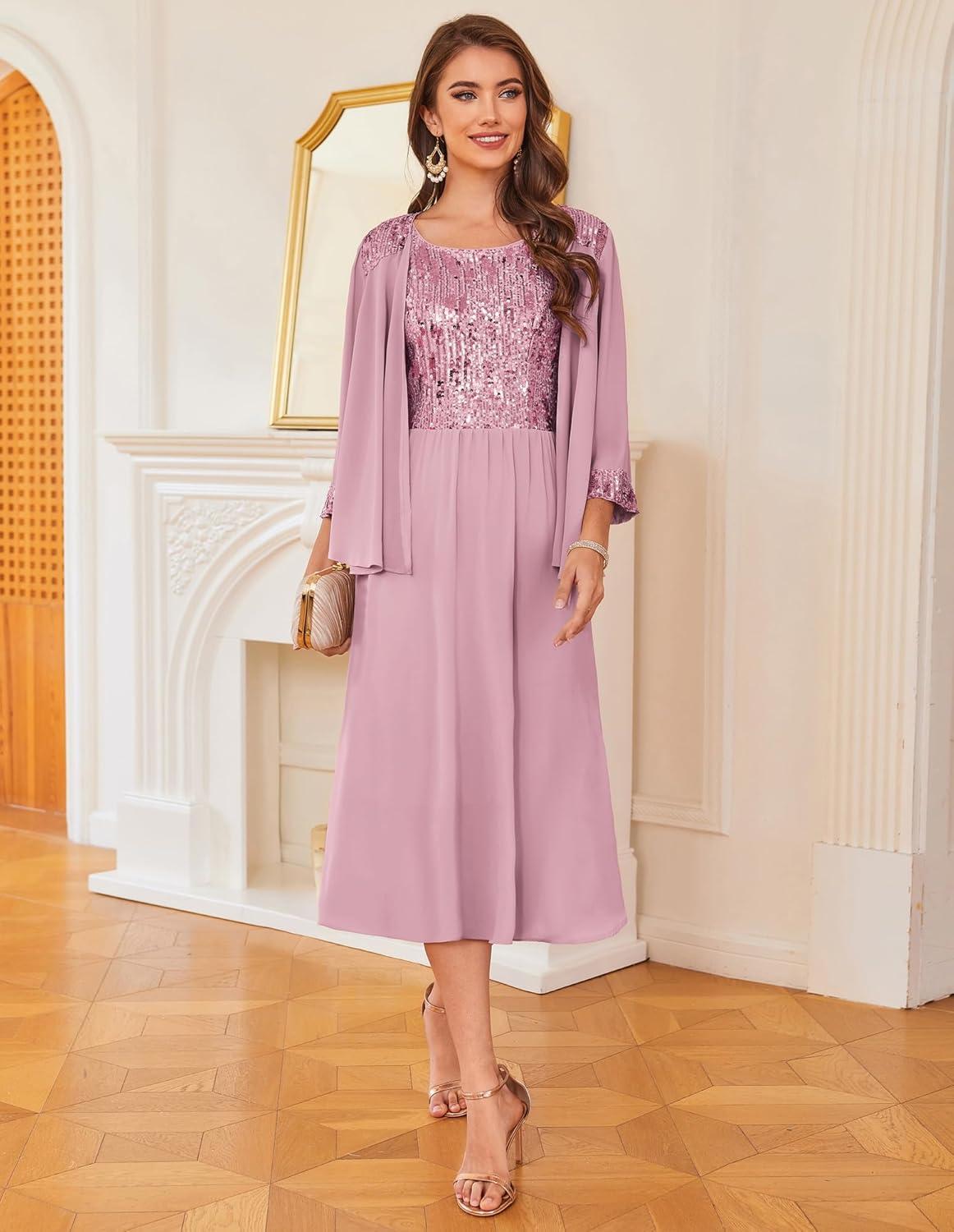 imageGRACE KARIN Wedding Guest Dress Mother of The Bride Dresses Two Piece Formal Sequin Dress with Jacket Tea Length 2025Gray Pink