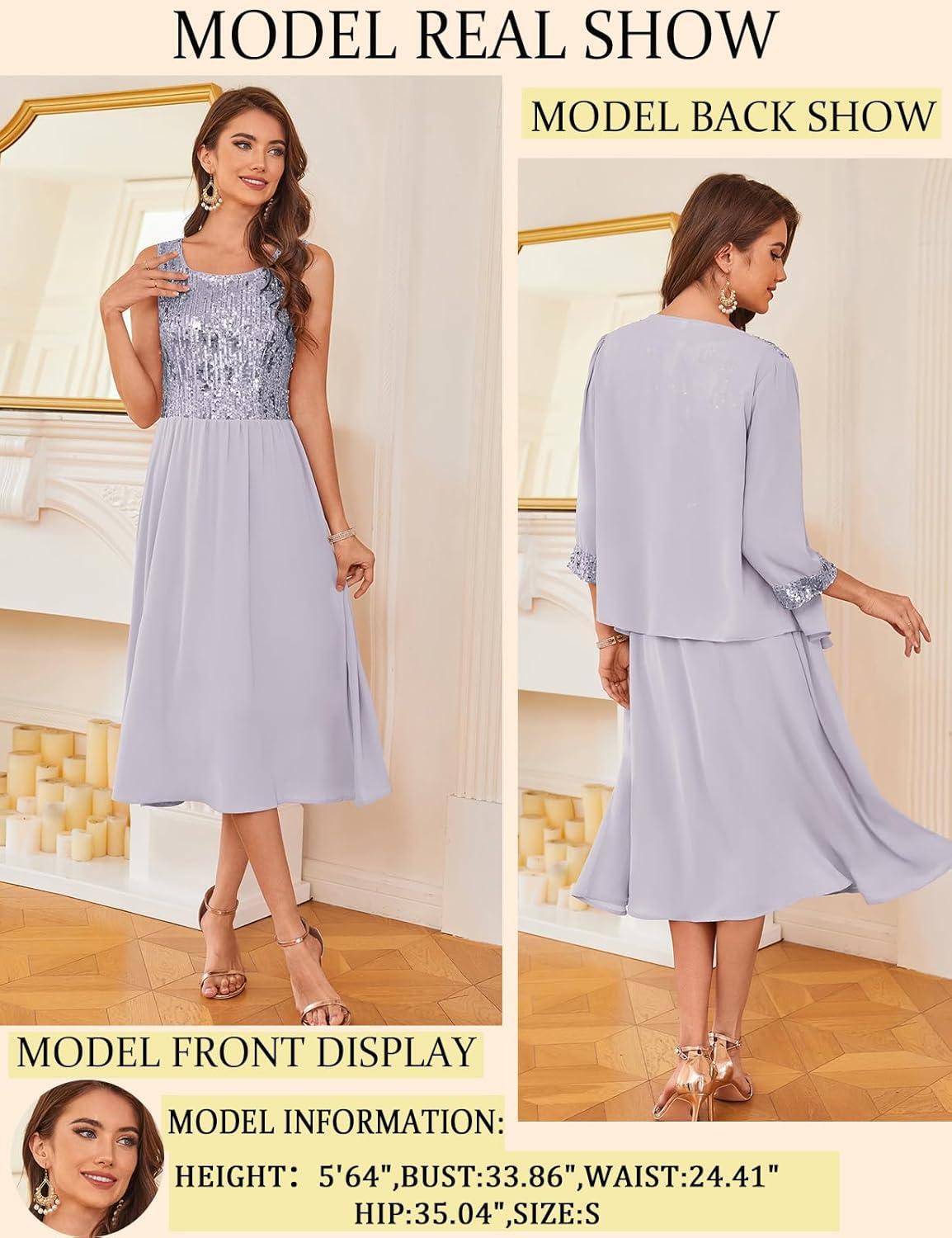 imageGRACE KARIN Wedding Guest Dress Mother of The Bride Dresses Two Piece Formal Sequin Dress with Jacket Tea Length 2025Light Gray Purple