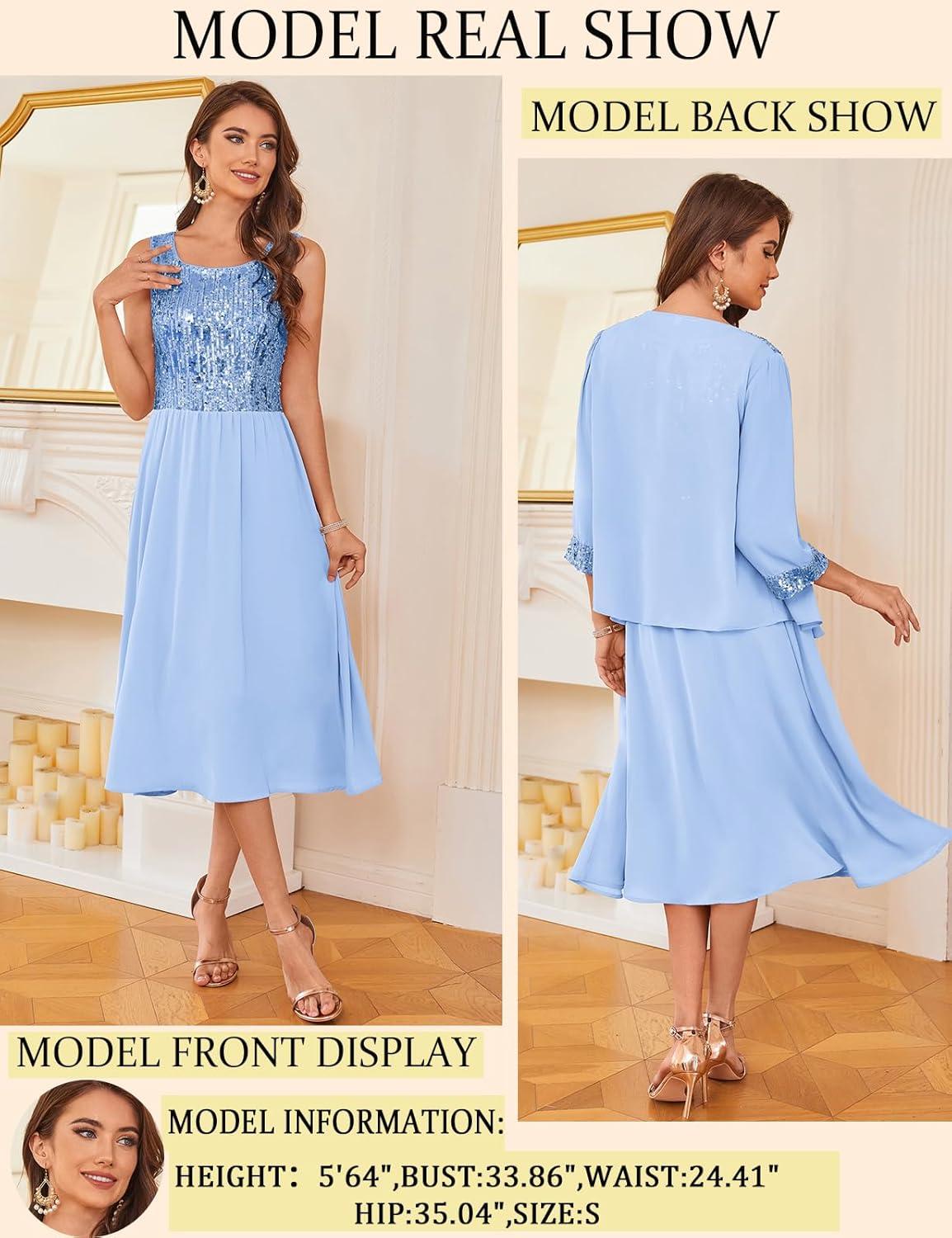 imageGRACE KARIN Wedding Guest Dress Mother of The Bride Dresses Two Piece Formal Sequin Dress with Jacket Tea Length 2025Light Sky Blue