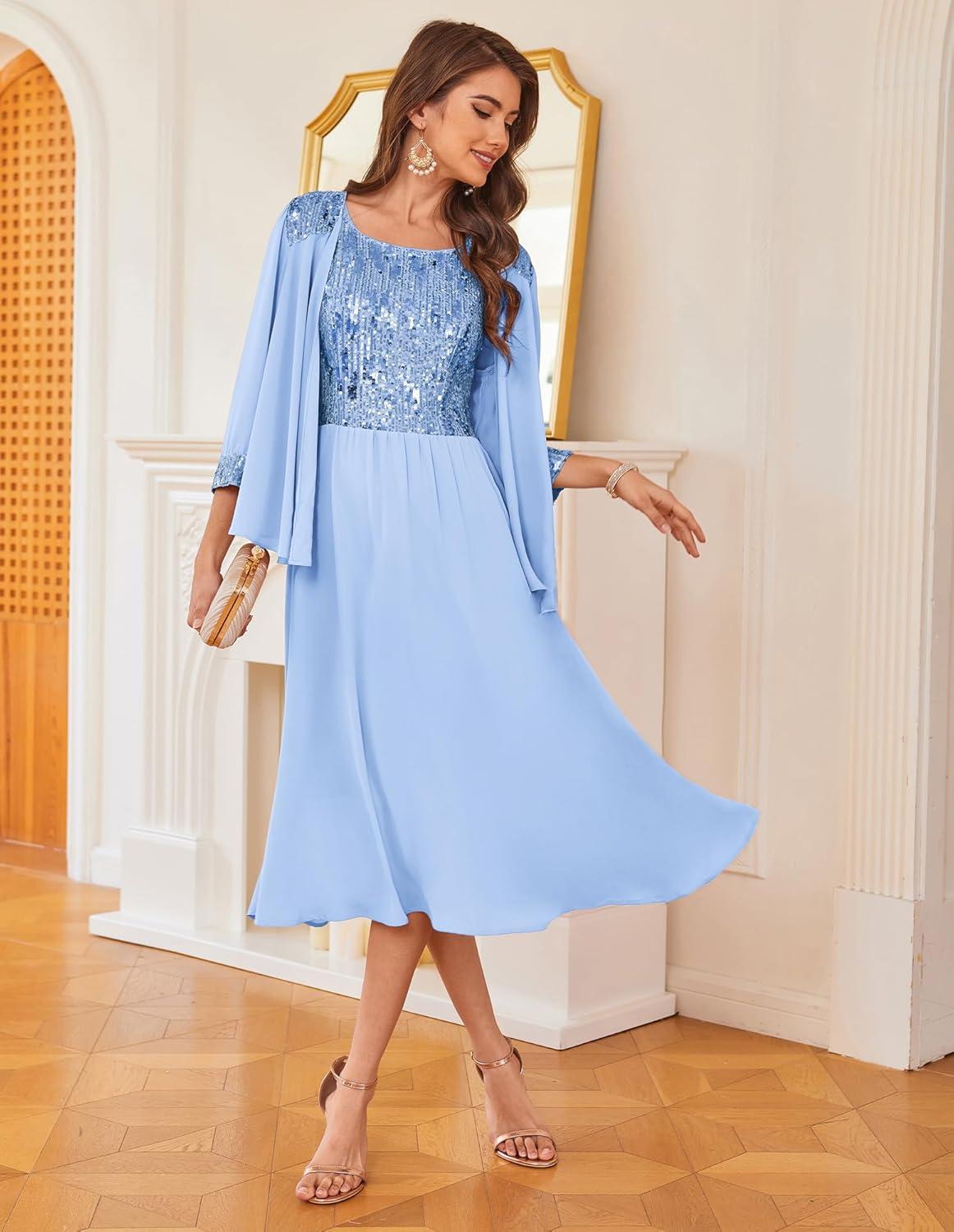 imageGRACE KARIN Wedding Guest Dress Mother of The Bride Dresses Two Piece Formal Sequin Dress with Jacket Tea Length 2025Light Sky Blue