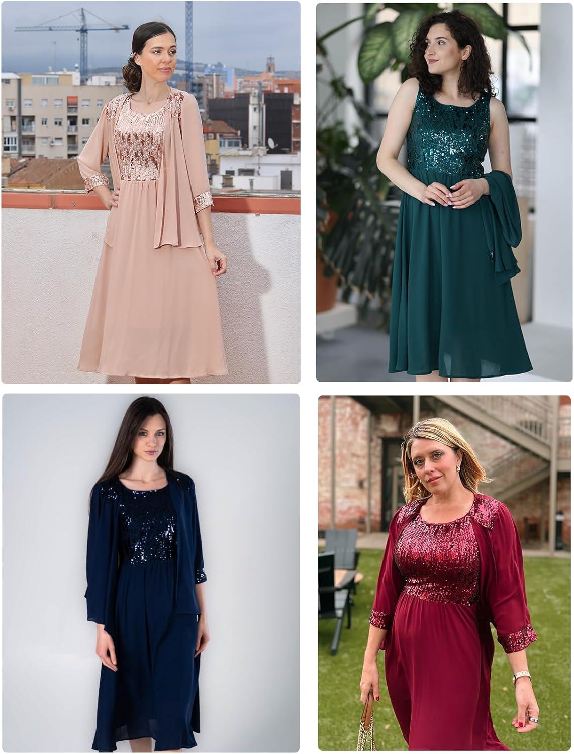 imageGRACE KARIN Wedding Guest Dress Mother of The Bride Dresses Two Piece Formal Sequin Dress with Jacket Tea Length 2025Navy Blue