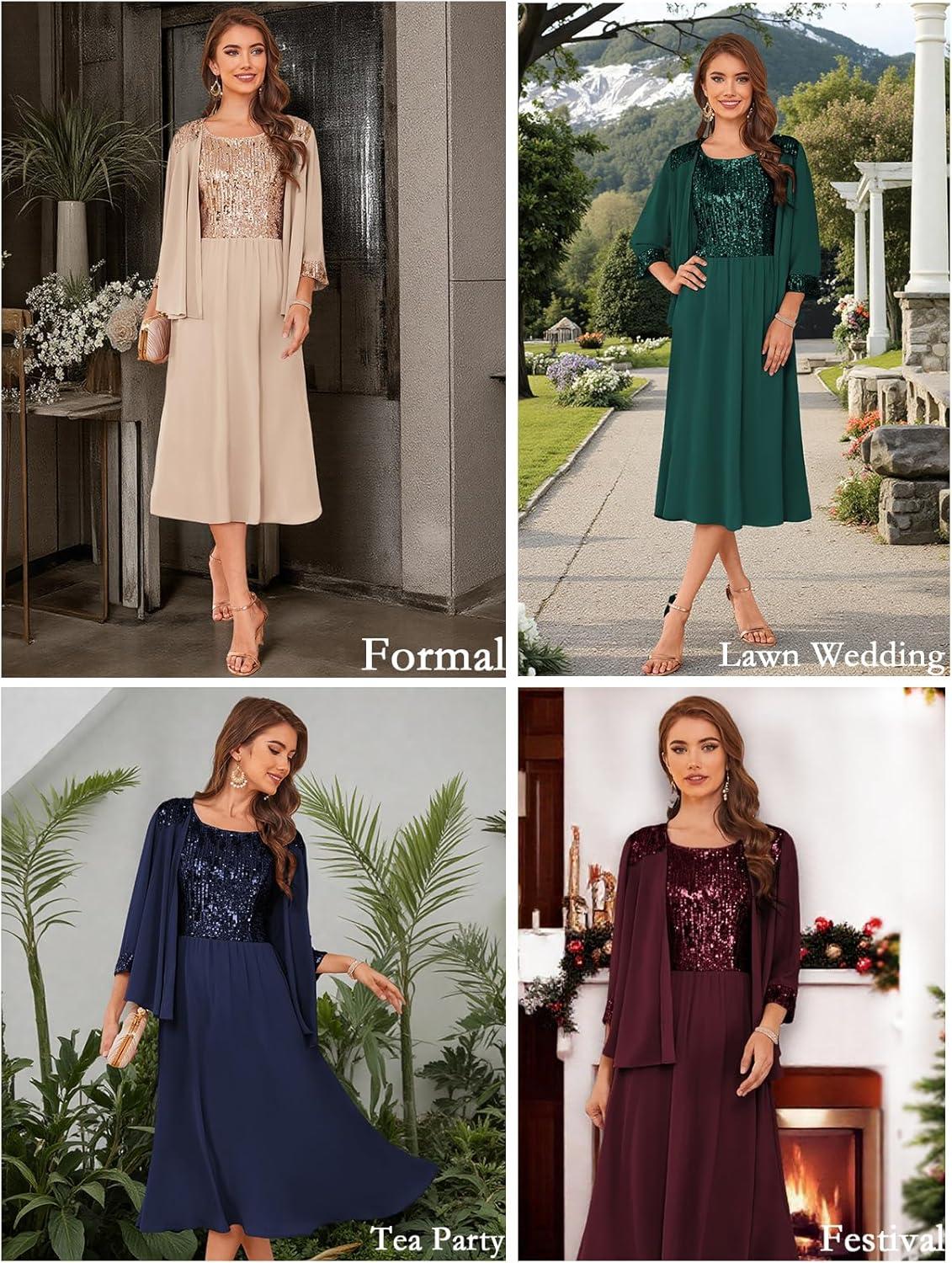 imageGRACE KARIN Wedding Guest Dress Mother of The Bride Dresses Two Piece Formal Sequin Dress with Jacket Tea Length 2025Navy Blue
