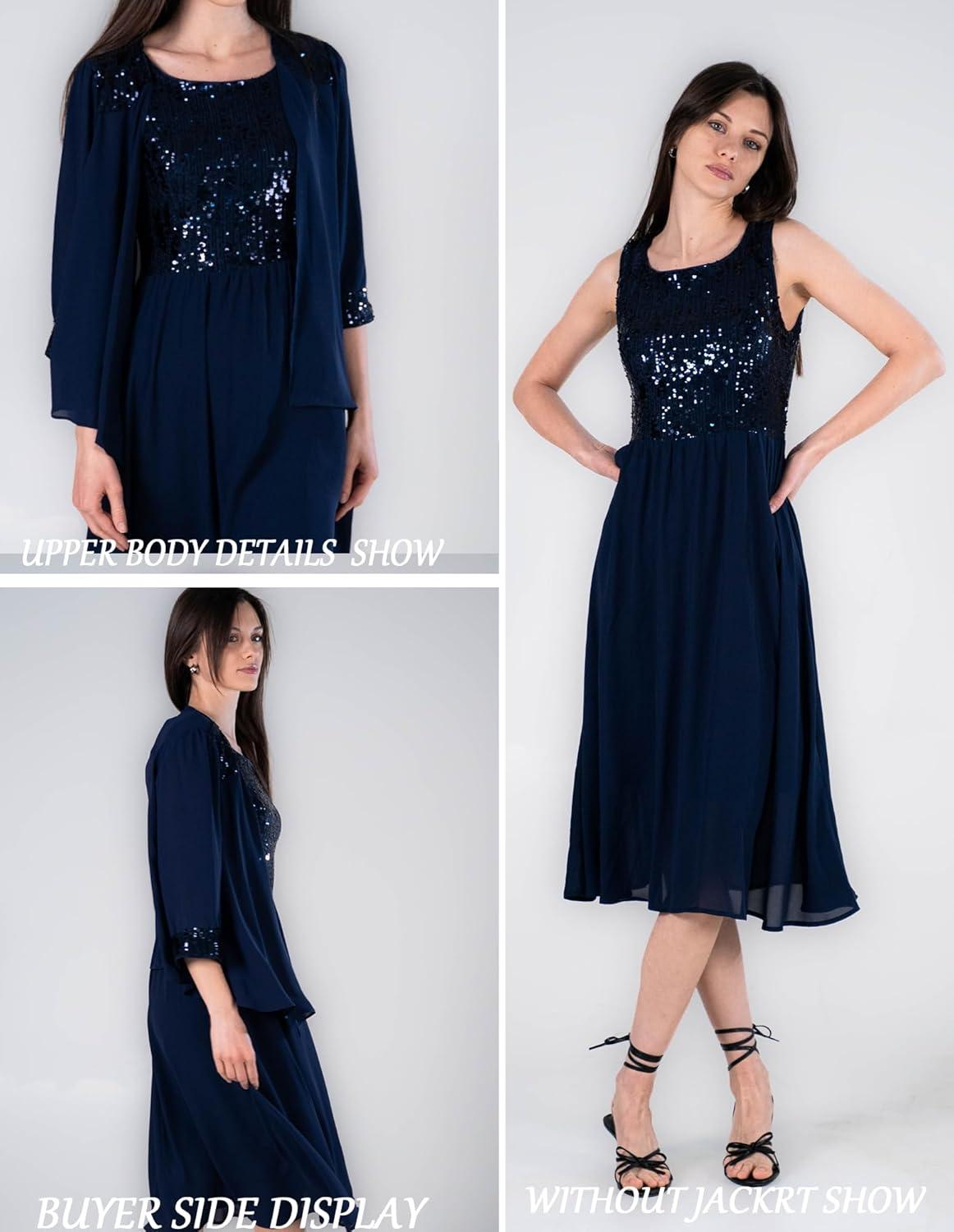 imageGRACE KARIN Wedding Guest Dress Mother of The Bride Dresses Two Piece Formal Sequin Dress with Jacket Tea Length 2025Navy Blue