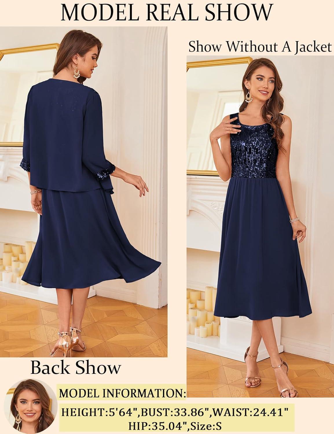 imageGRACE KARIN Wedding Guest Dress Mother of The Bride Dresses Two Piece Formal Sequin Dress with Jacket Tea Length 2025Navy Blue