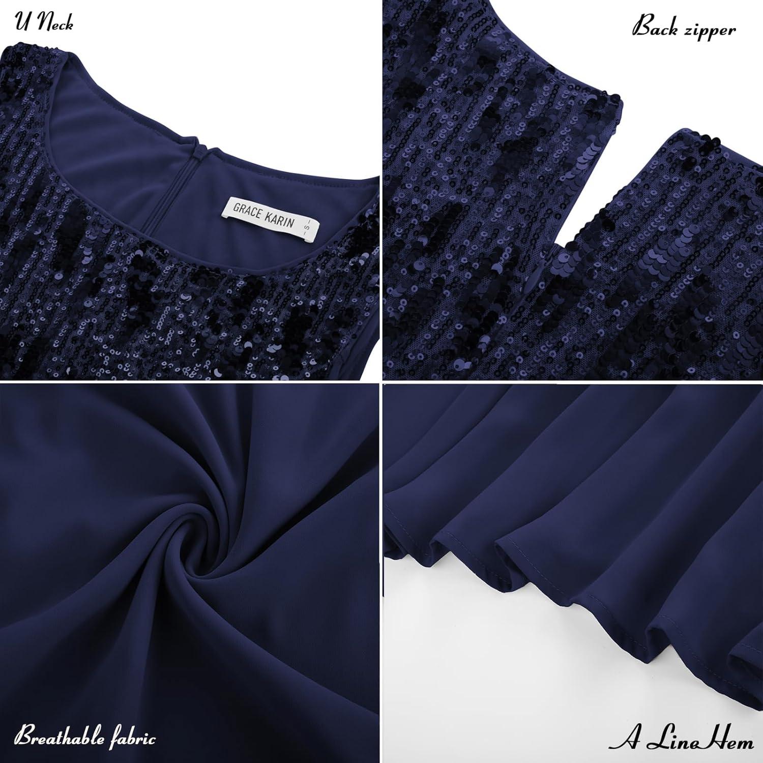 imageGRACE KARIN Wedding Guest Dress Mother of The Bride Dresses Two Piece Formal Sequin Dress with Jacket Tea Length 2025Navy Blue
