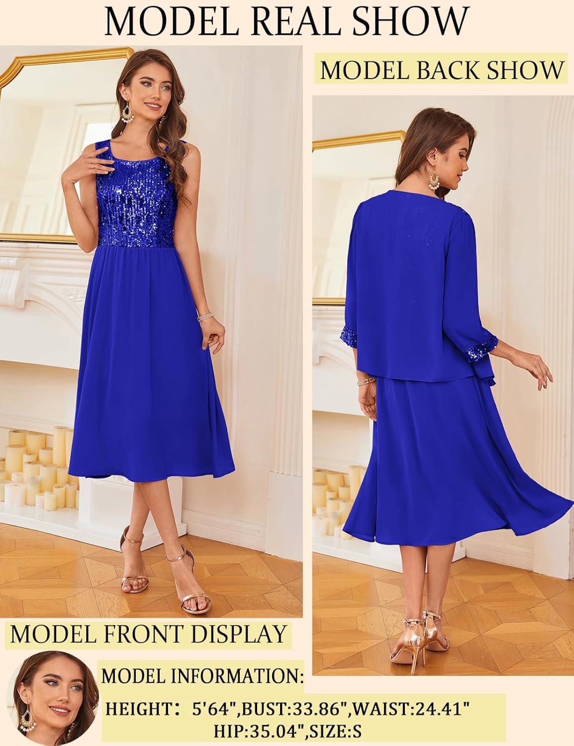 imageGRACE KARIN Wedding Guest Dress Mother of The Bride Dresses Two Piece Formal Sequin Dress with Jacket Tea Length 2025Royal Blue