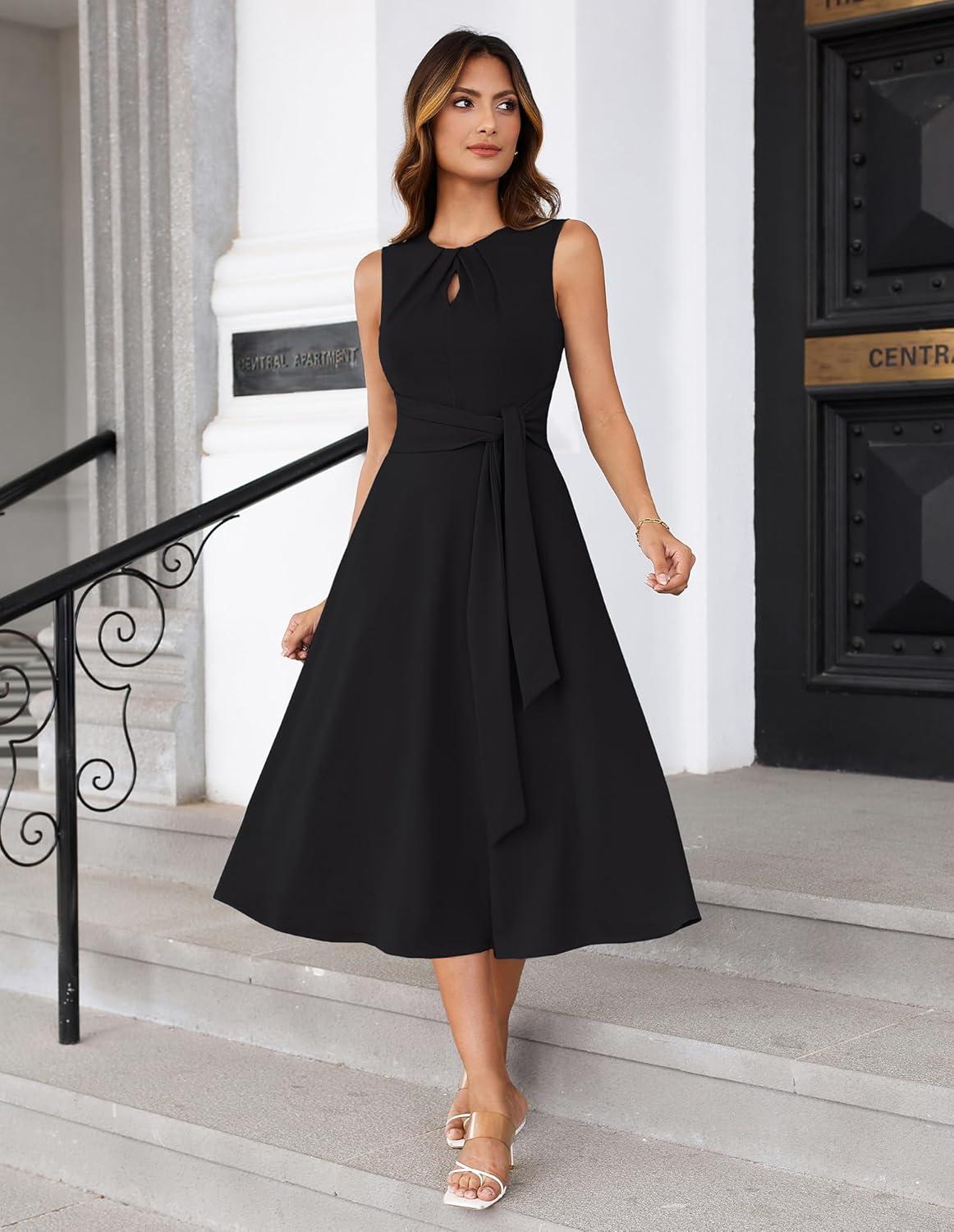imageGRACE KARIN Women 2025 Summer Work Dress Sleeveless Tie Waist Elegant Party Cocktail A Line Flowy Midi Dresses with PocketsBlack
