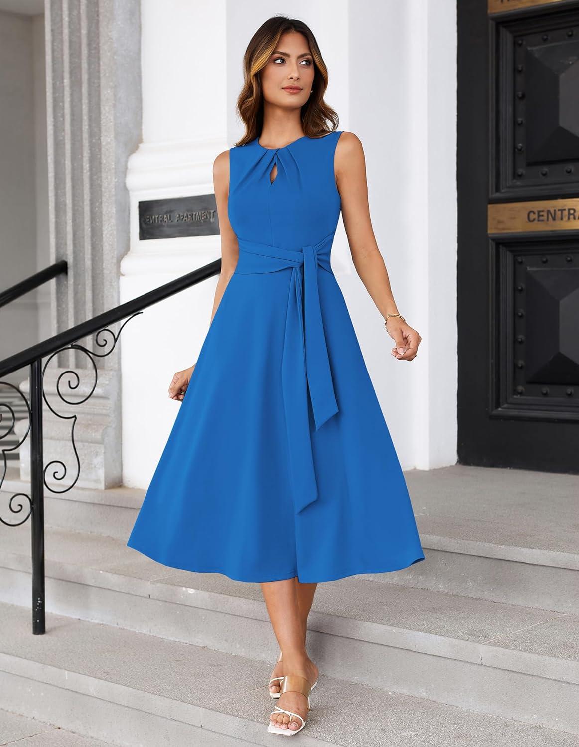 imageGRACE KARIN Women 2025 Summer Work Dress Sleeveless Tie Waist Elegant Party Cocktail A Line Flowy Midi Dresses with PocketsBlue