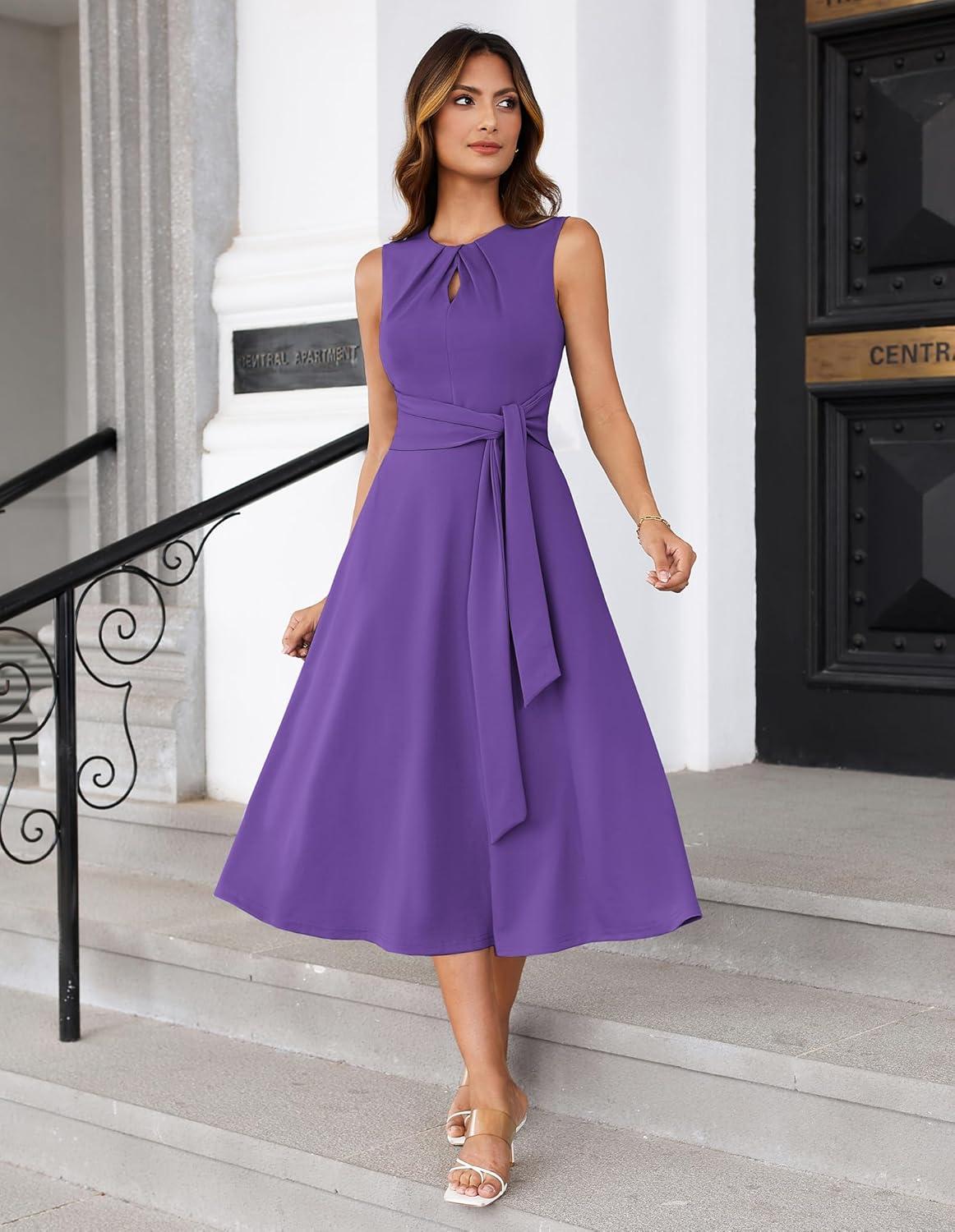 imageGRACE KARIN Women 2025 Summer Work Dress Sleeveless Tie Waist Elegant Party Cocktail A Line Flowy Midi Dresses with PocketsPurple