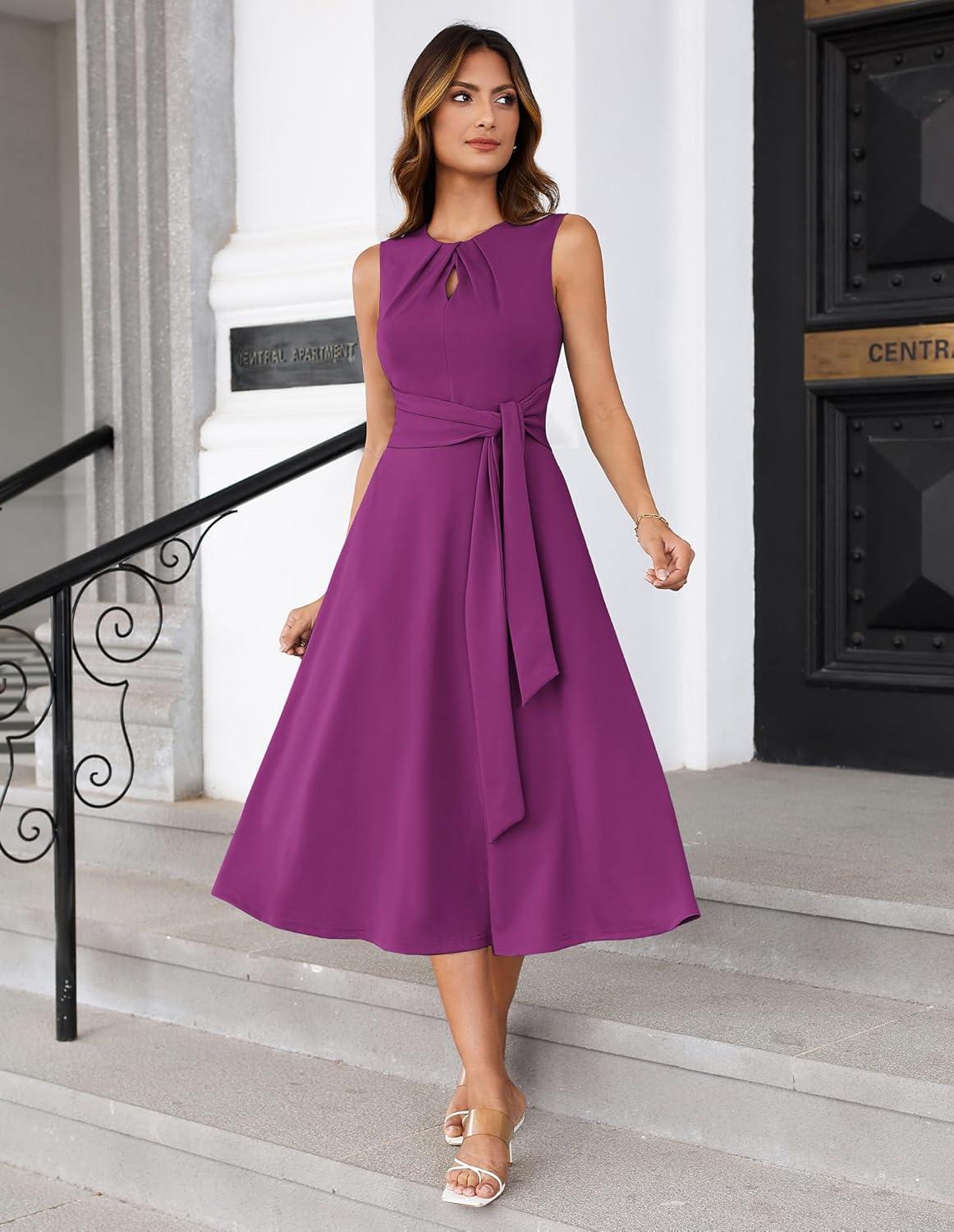 imageGRACE KARIN Women 2025 Summer Work Dress Sleeveless Tie Waist Elegant Party Cocktail A Line Flowy Midi Dresses with PocketsPurple Red