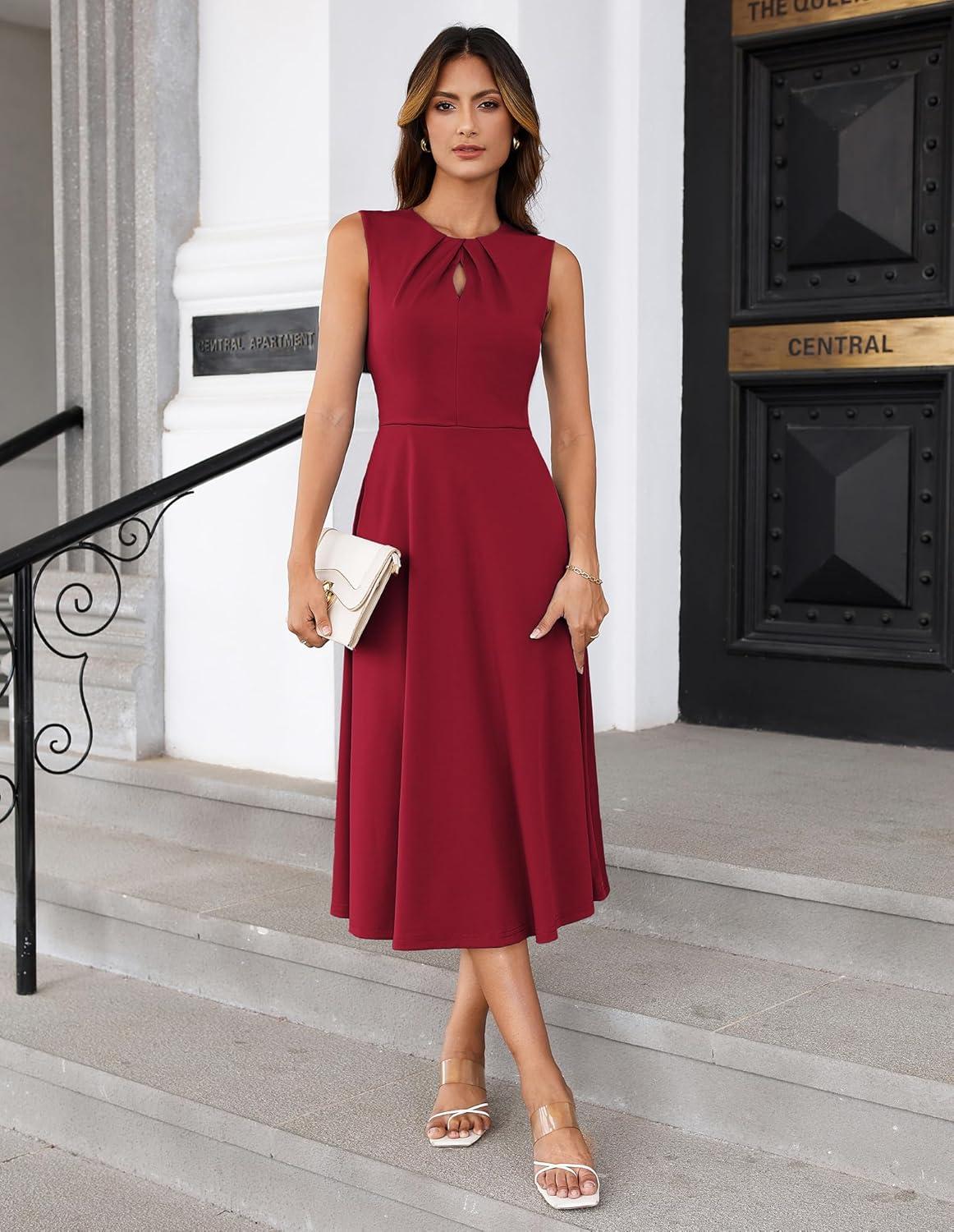 imageGRACE KARIN Women 2025 Summer Work Dress Sleeveless Tie Waist Elegant Party Cocktail A Line Flowy Midi Dresses with PocketsRed