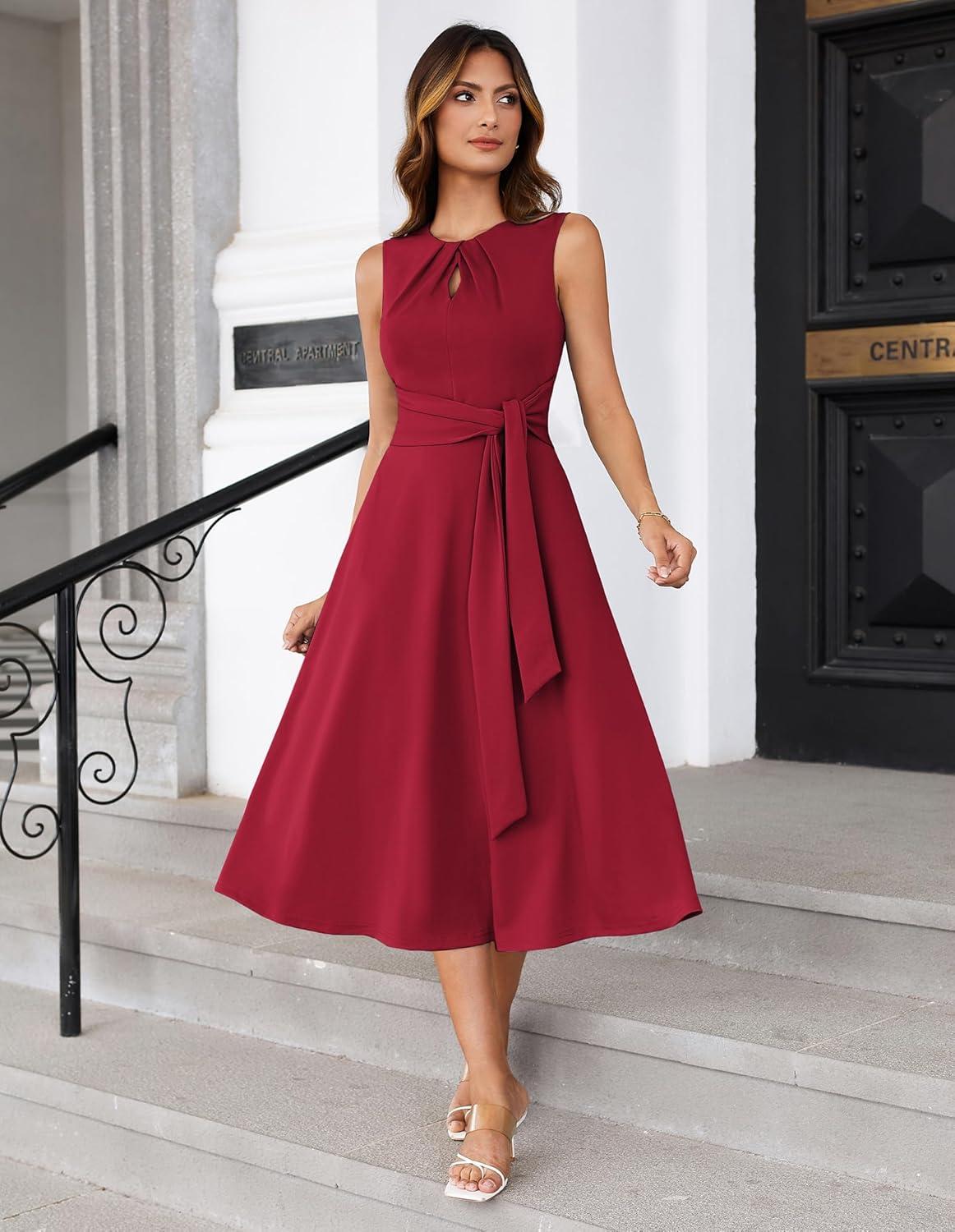imageGRACE KARIN Women 2025 Summer Work Dress Sleeveless Tie Waist Elegant Party Cocktail A Line Flowy Midi Dresses with PocketsRed