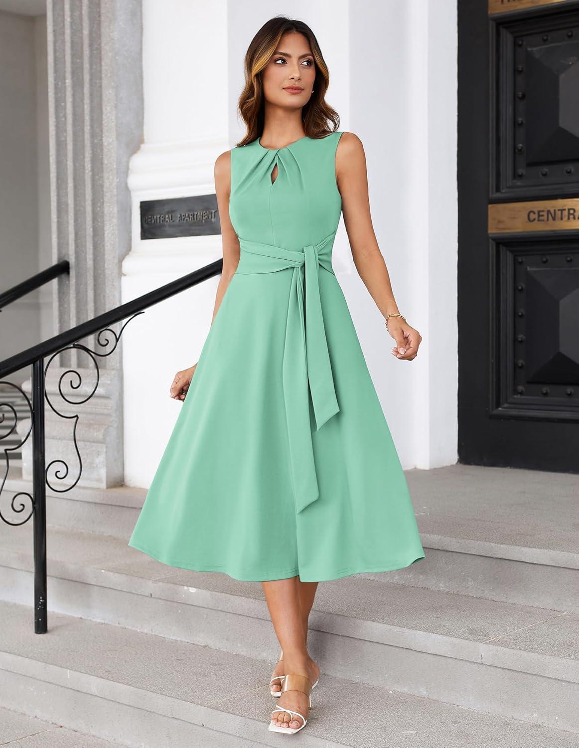 imageGRACE KARIN Women 2025 Summer Work Dress Sleeveless Tie Waist Elegant Party Cocktail A Line Flowy Midi Dresses with PocketsSage Green