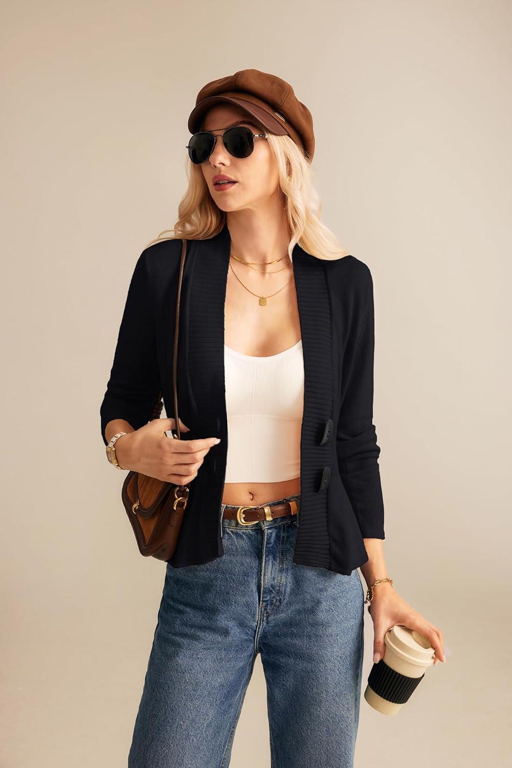 imageGRACE KARIN Women Cardigan Sweaters 2025 FallLong Sleeve Cropped Sweater Coat TrendyButton Front Peplum Tops LightweightBlack