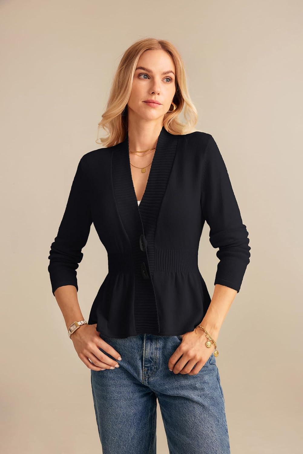 imageGRACE KARIN Women Cardigan Sweaters 2025 FallLong Sleeve Cropped Sweater Coat TrendyButton Front Peplum Tops LightweightBlack