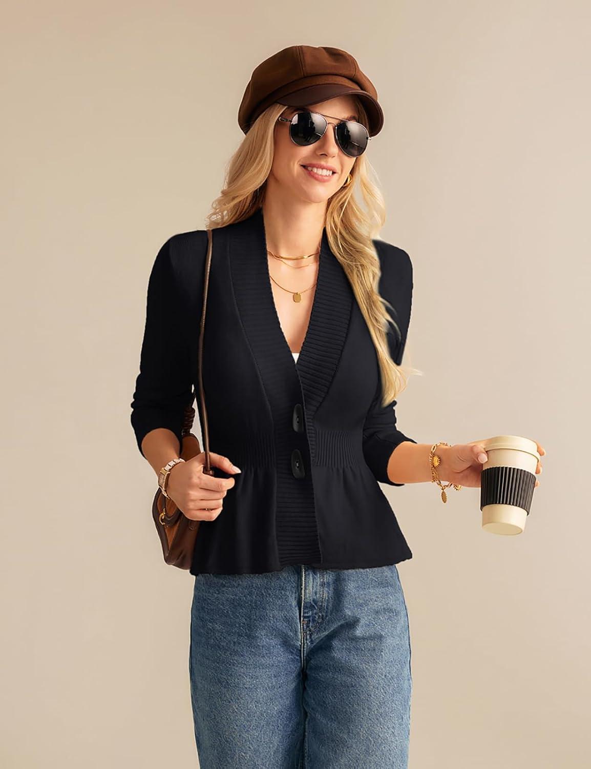 imageGRACE KARIN Women Cardigan Sweaters 2025 FallLong Sleeve Cropped Sweater Coat TrendyButton Front Peplum Tops LightweightBlack