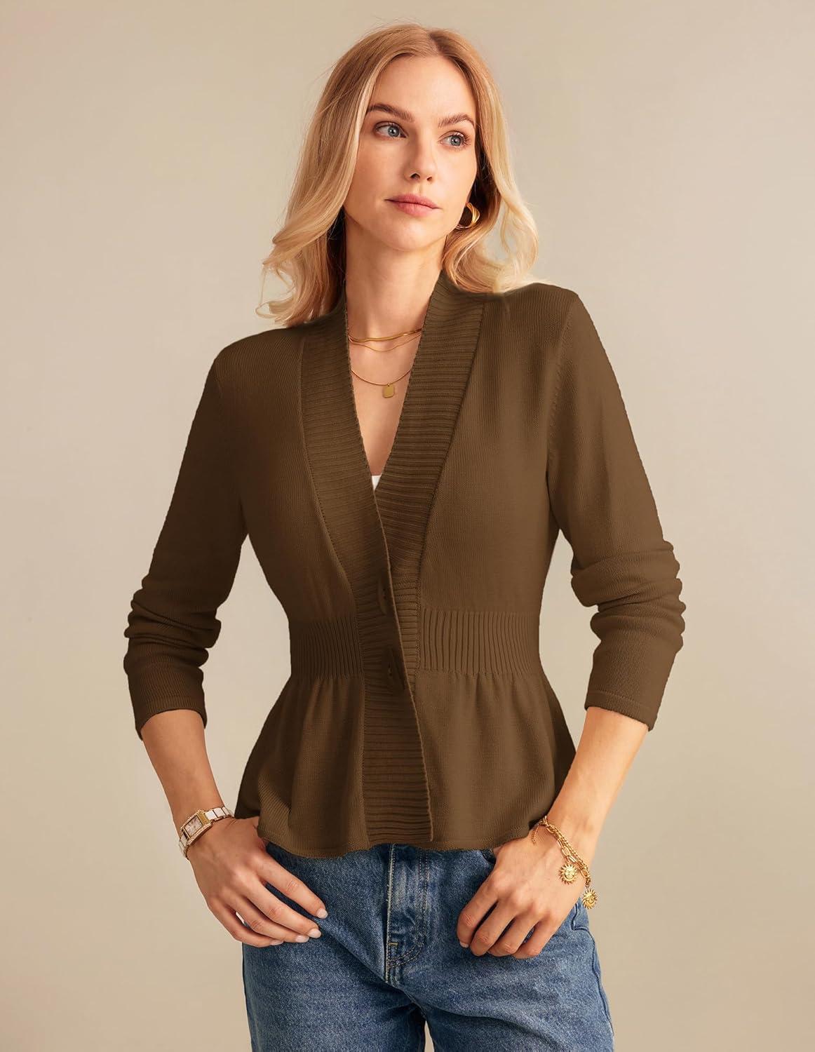 imageGRACE KARIN Women Cardigan Sweaters 2025 FallLong Sleeve Cropped Sweater Coat TrendyButton Front Peplum Tops LightweightBrown