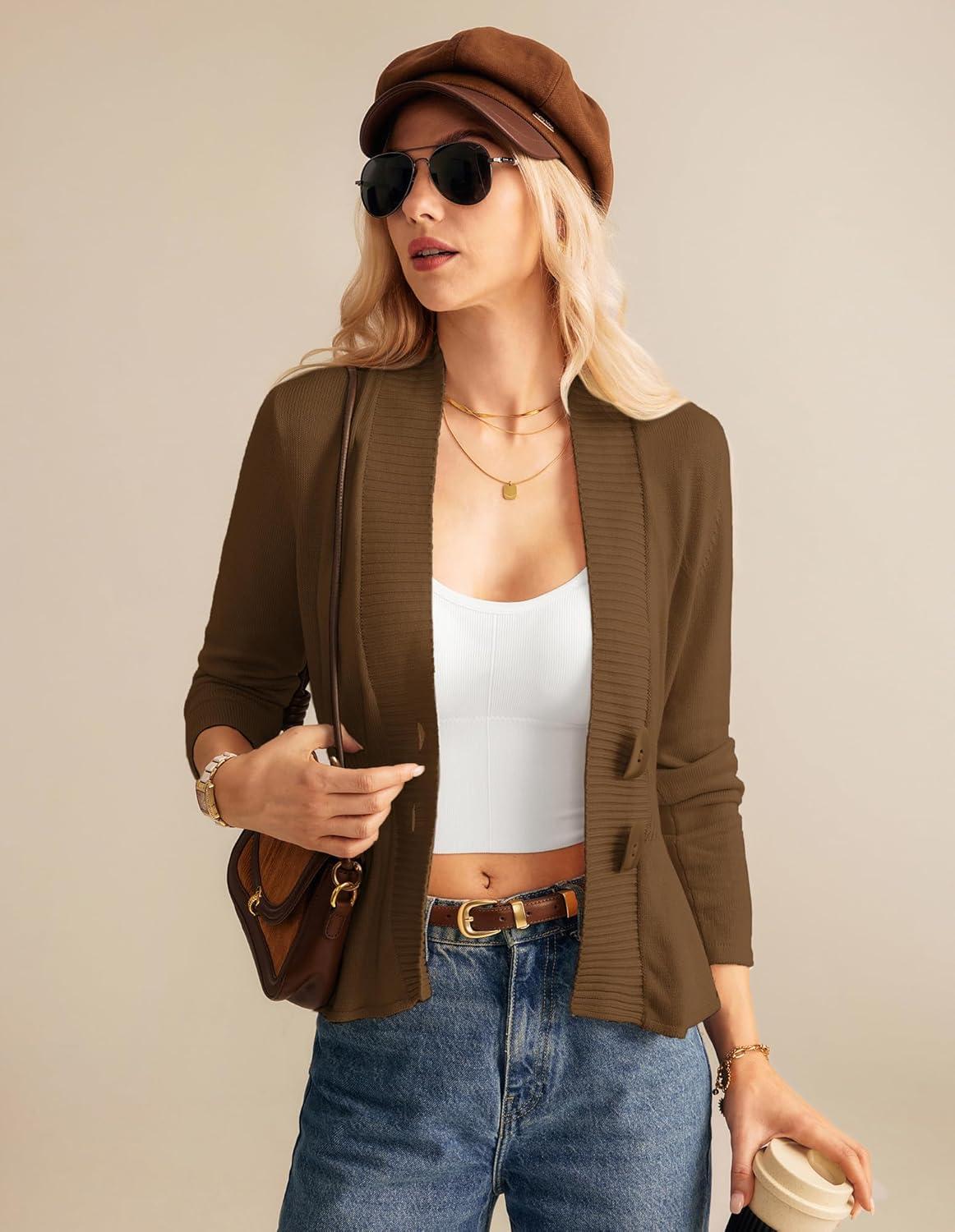 imageGRACE KARIN Women Cardigan Sweaters 2025 FallLong Sleeve Cropped Sweater Coat TrendyButton Front Peplum Tops LightweightBrown