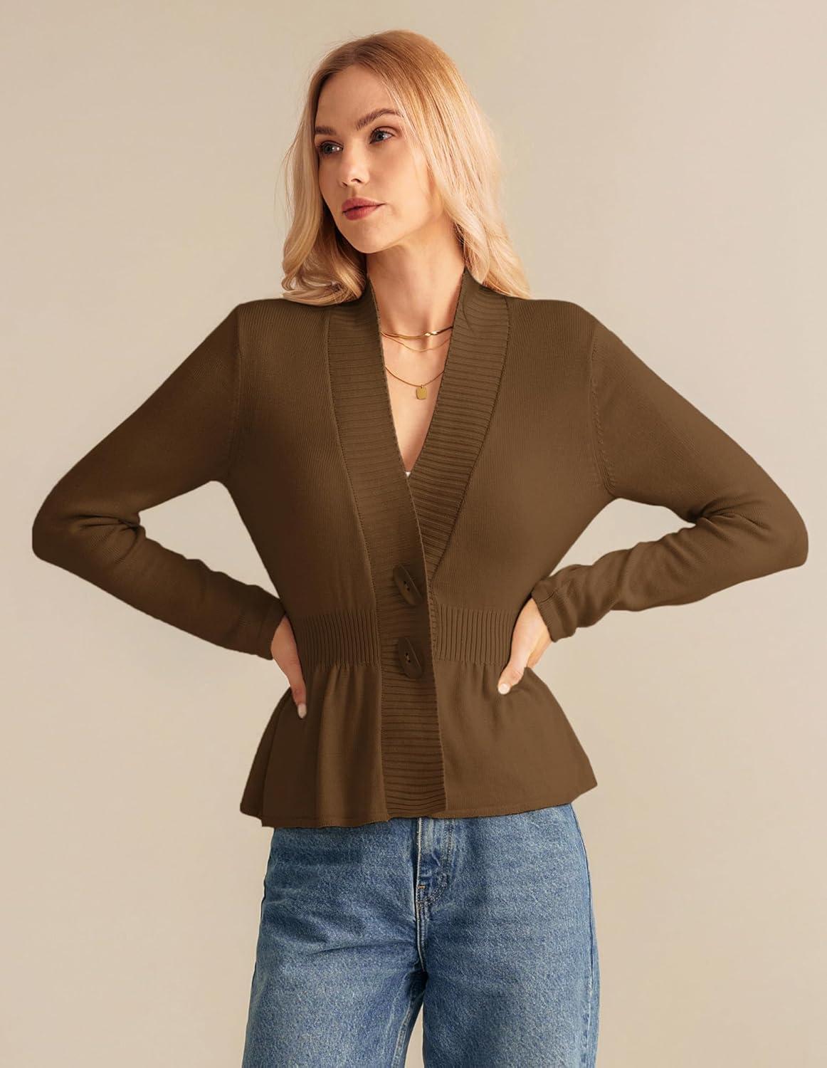 imageGRACE KARIN Women Cardigan Sweaters 2025 FallLong Sleeve Cropped Sweater Coat TrendyButton Front Peplum Tops LightweightBrown