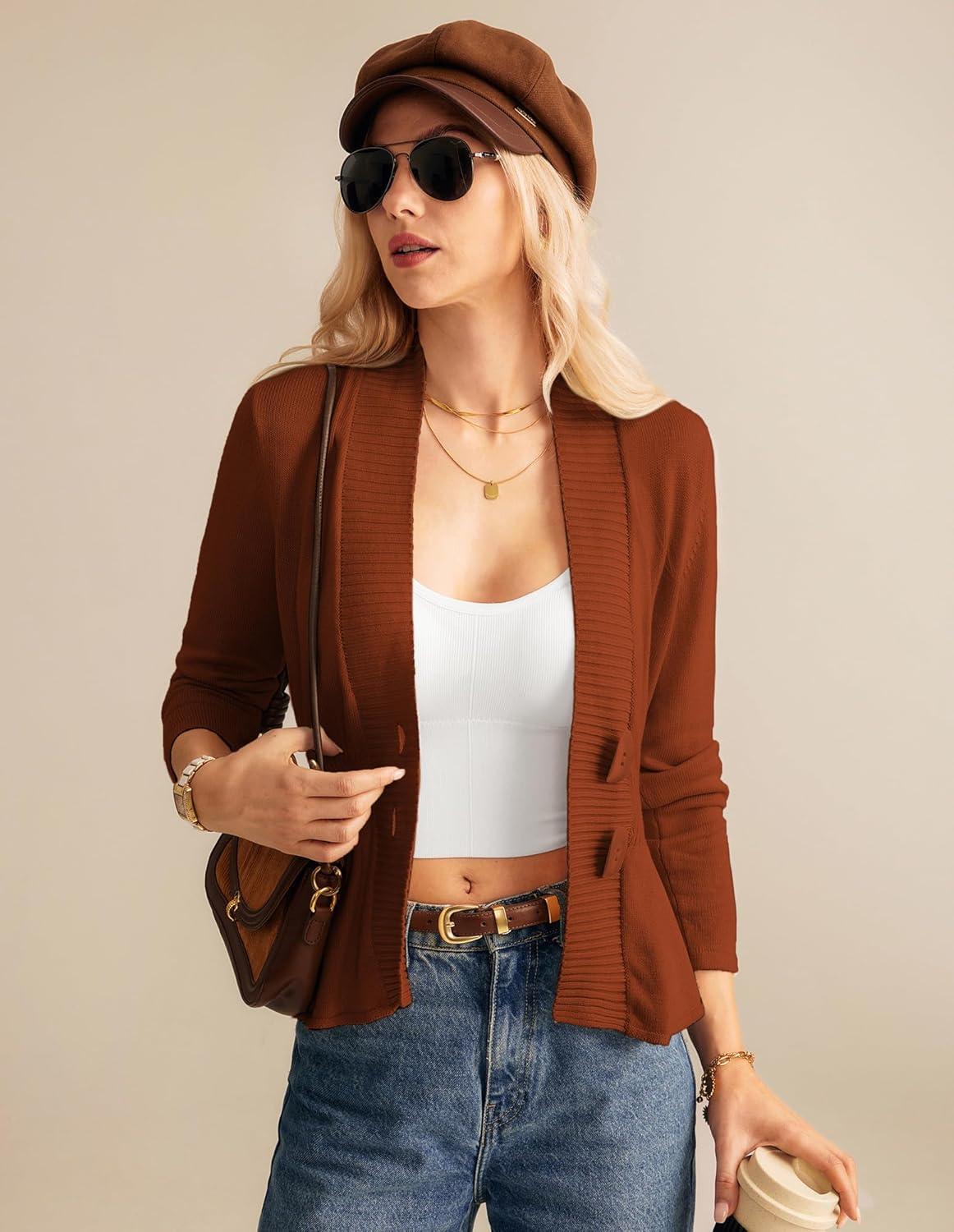 imageGRACE KARIN Women Cardigan Sweaters 2025 FallLong Sleeve Cropped Sweater Coat TrendyButton Front Peplum Tops LightweightCaramel