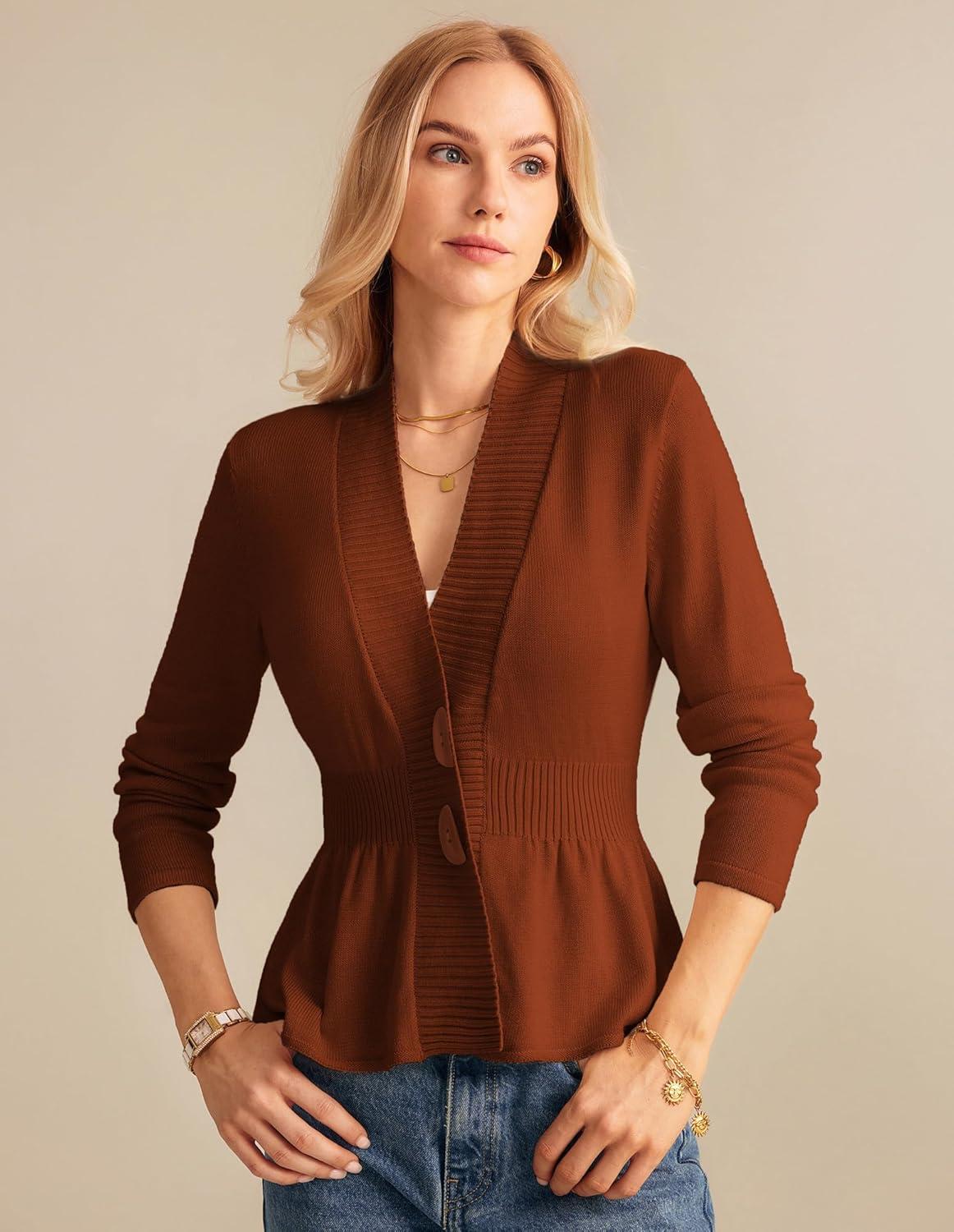 imageGRACE KARIN Women Cardigan Sweaters 2025 FallLong Sleeve Cropped Sweater Coat TrendyButton Front Peplum Tops LightweightCaramel
