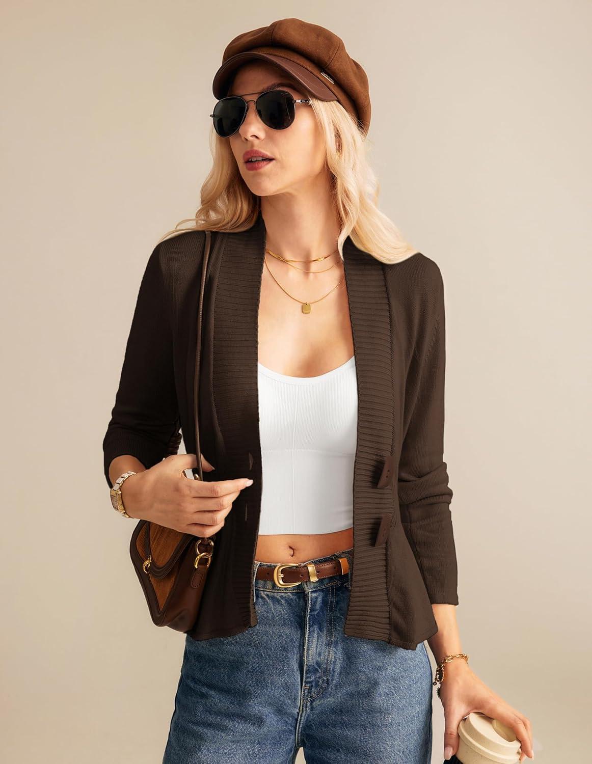 imageGRACE KARIN Women Cardigan Sweaters 2025 FallLong Sleeve Cropped Sweater Coat TrendyButton Front Peplum Tops LightweightCoffee